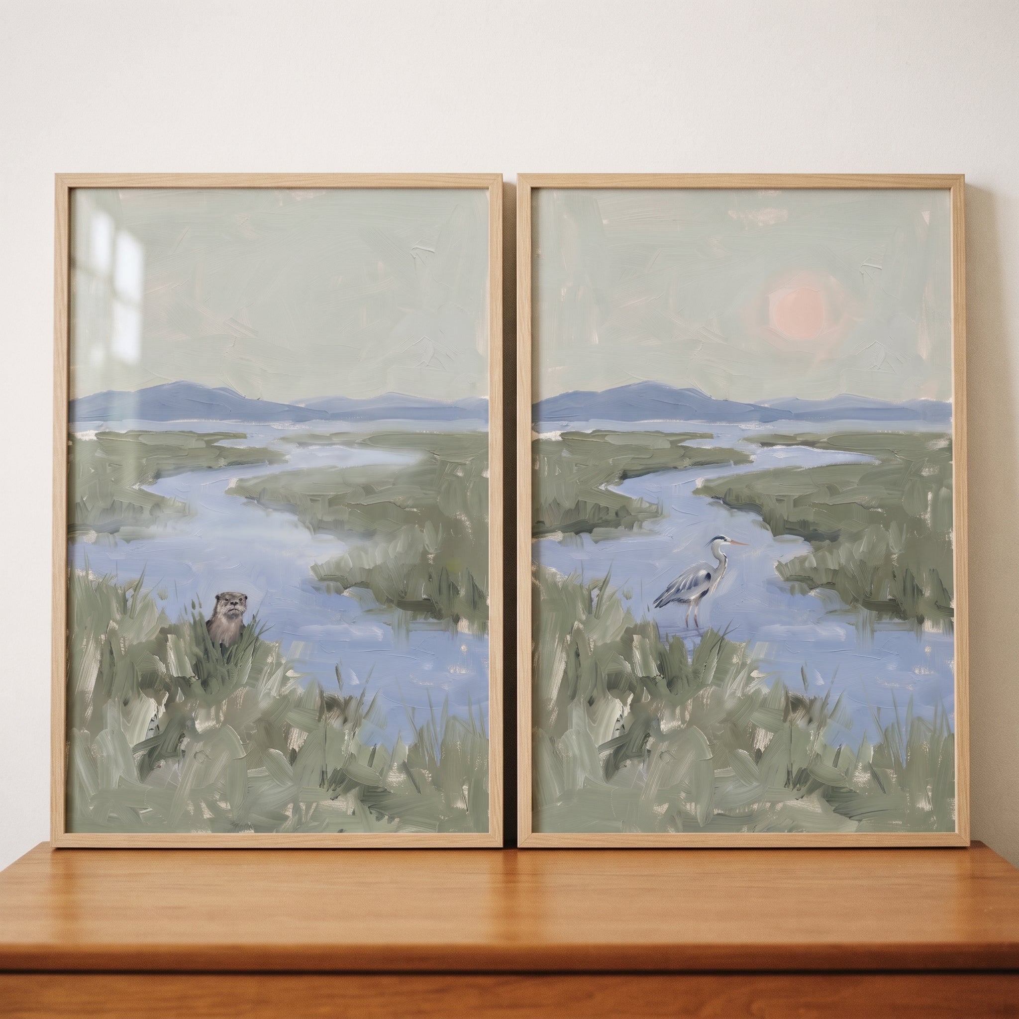 Misty Green Wetland Wildlife Animals Wall Art Set of 2 - Quiet River Mornings