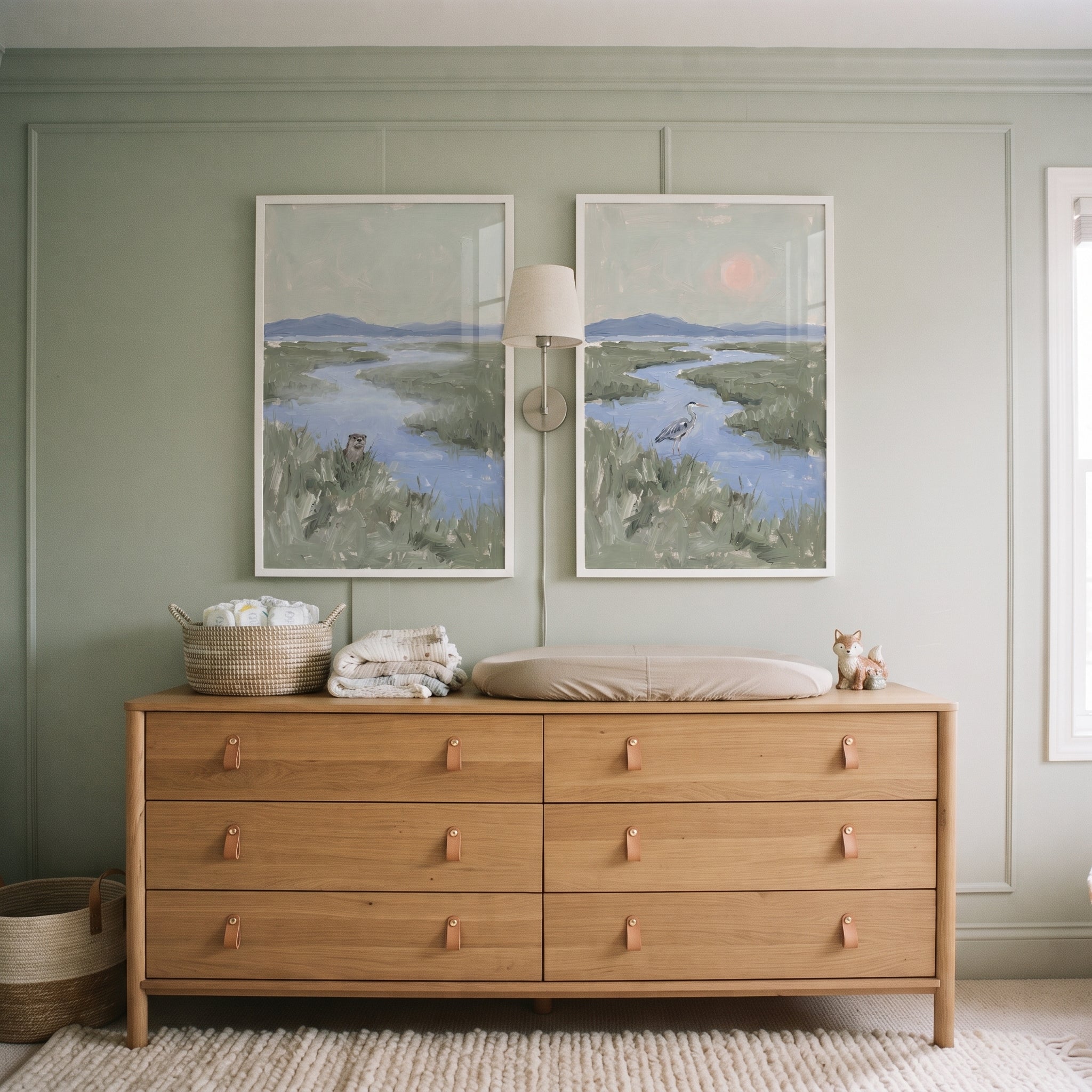 Misty Green Wetland Wildlife Animals Wall Art Set of 2 - Quiet River Mornings