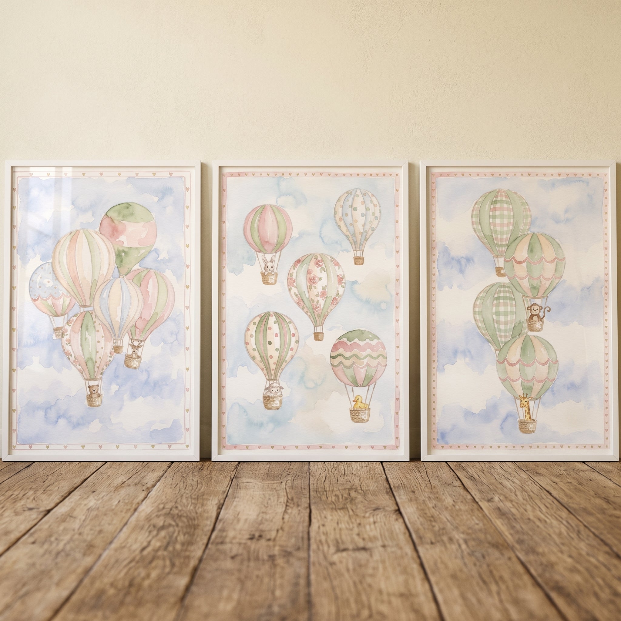 Misty Hot Air Balloon Wall Art Set Of 3 - Pastel Sky Journey