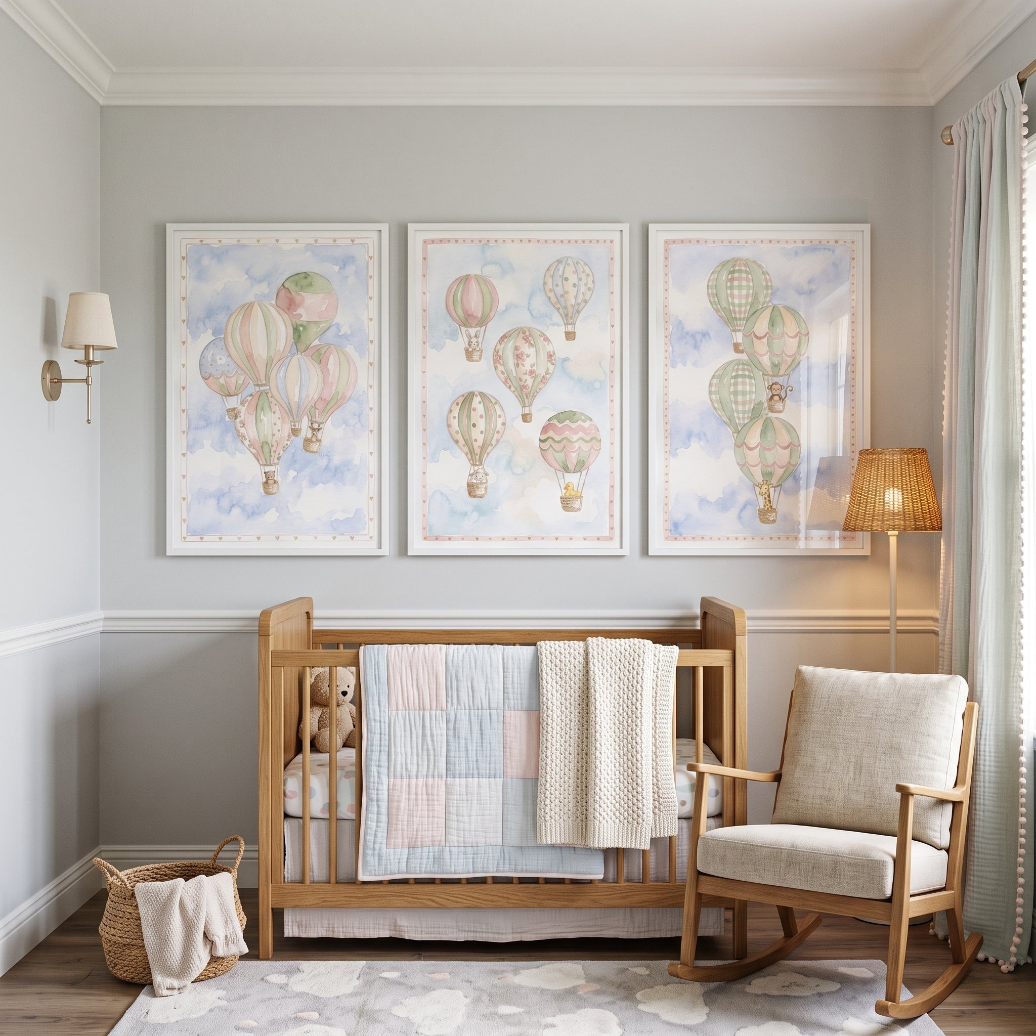Misty Hot Air Balloon Wall Art Set Of 3 - Pastel Sky Journey