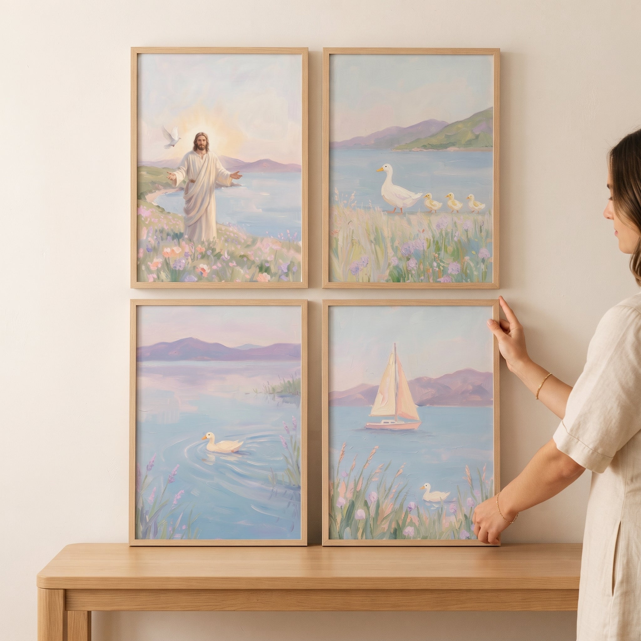 Misty Lilac Mountain Landscape Coastal Wall Art Set of 4 - Jesus Lakeside Grace