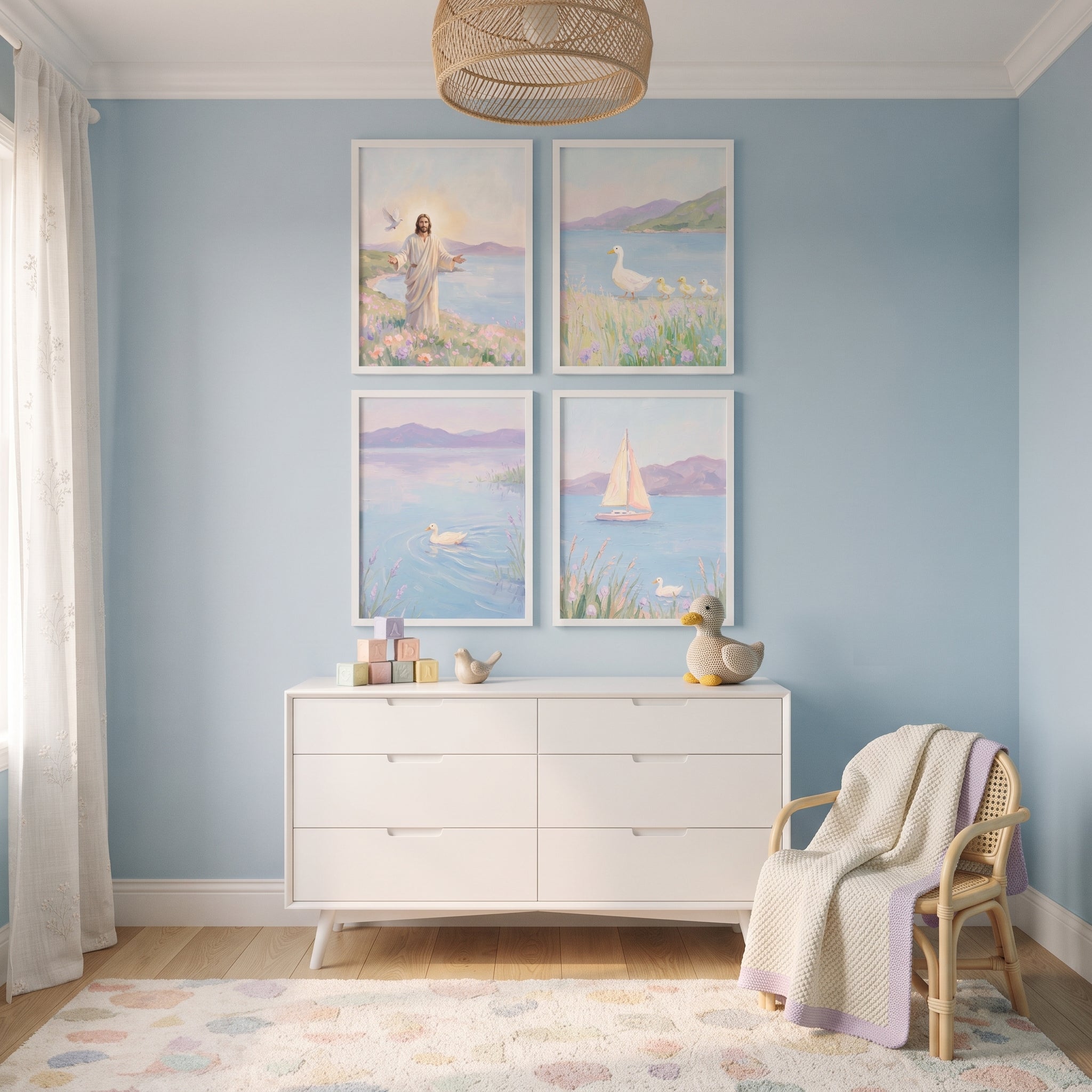 Misty Lilac Mountain Landscape Coastal Wall Art Set of 4 - Jesus Lakeside Grace