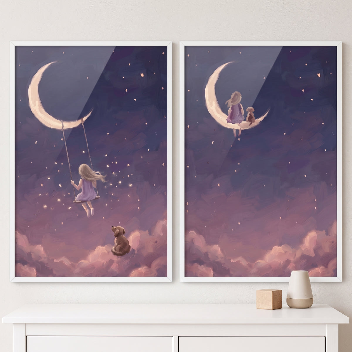 Misty mauve girl dog wall art set of 2 shows a girl swinging from a moon and sitting with her dog in a purple starry sky.