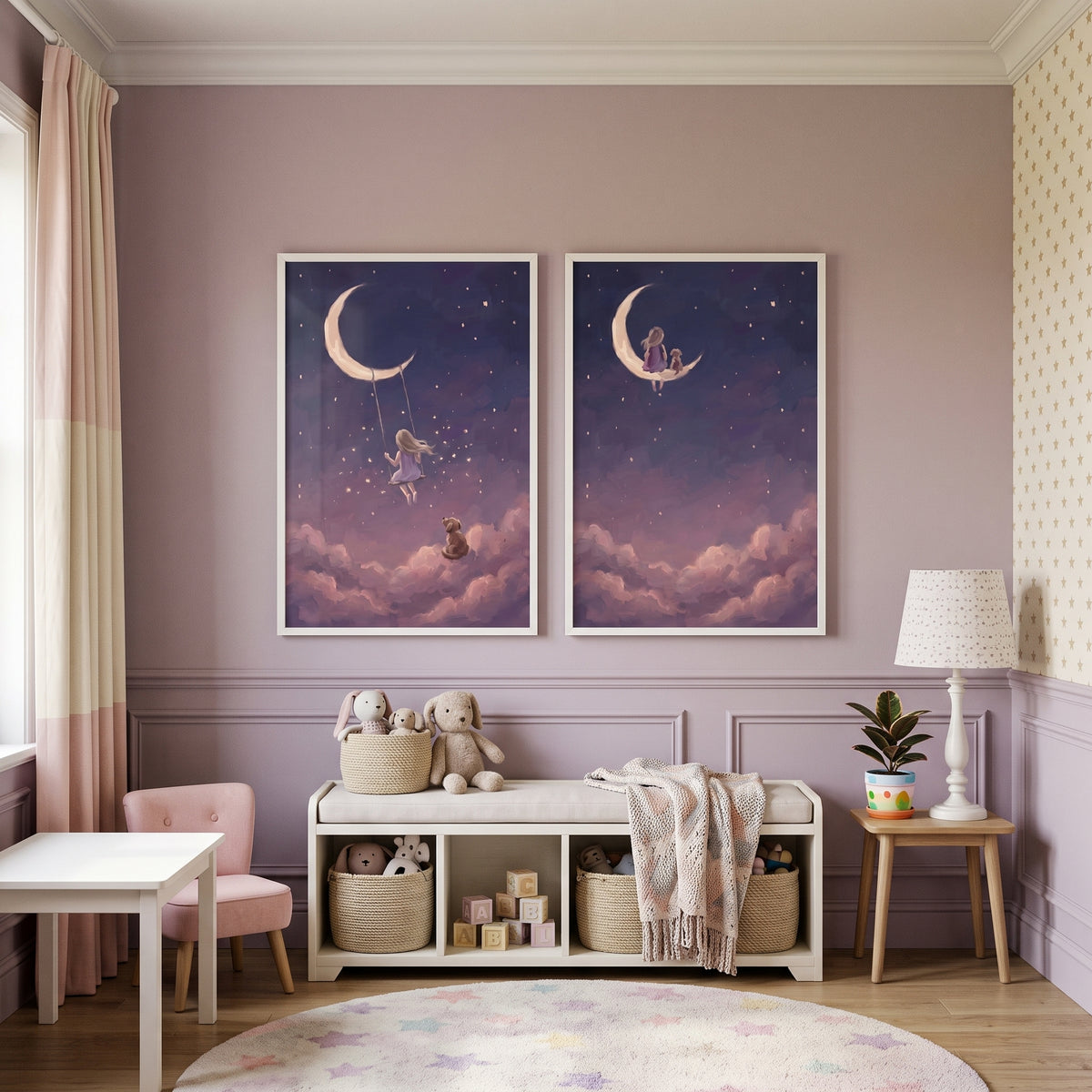 Misty Mauve Girl Dog Wall Art Set of 2 - Celestial Best Friends