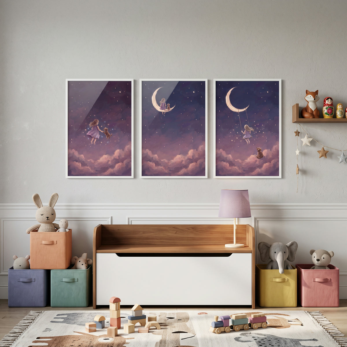 Misty Mulberry Girl Dog Wall Art Set of 3 - Moonlight Sky Friends