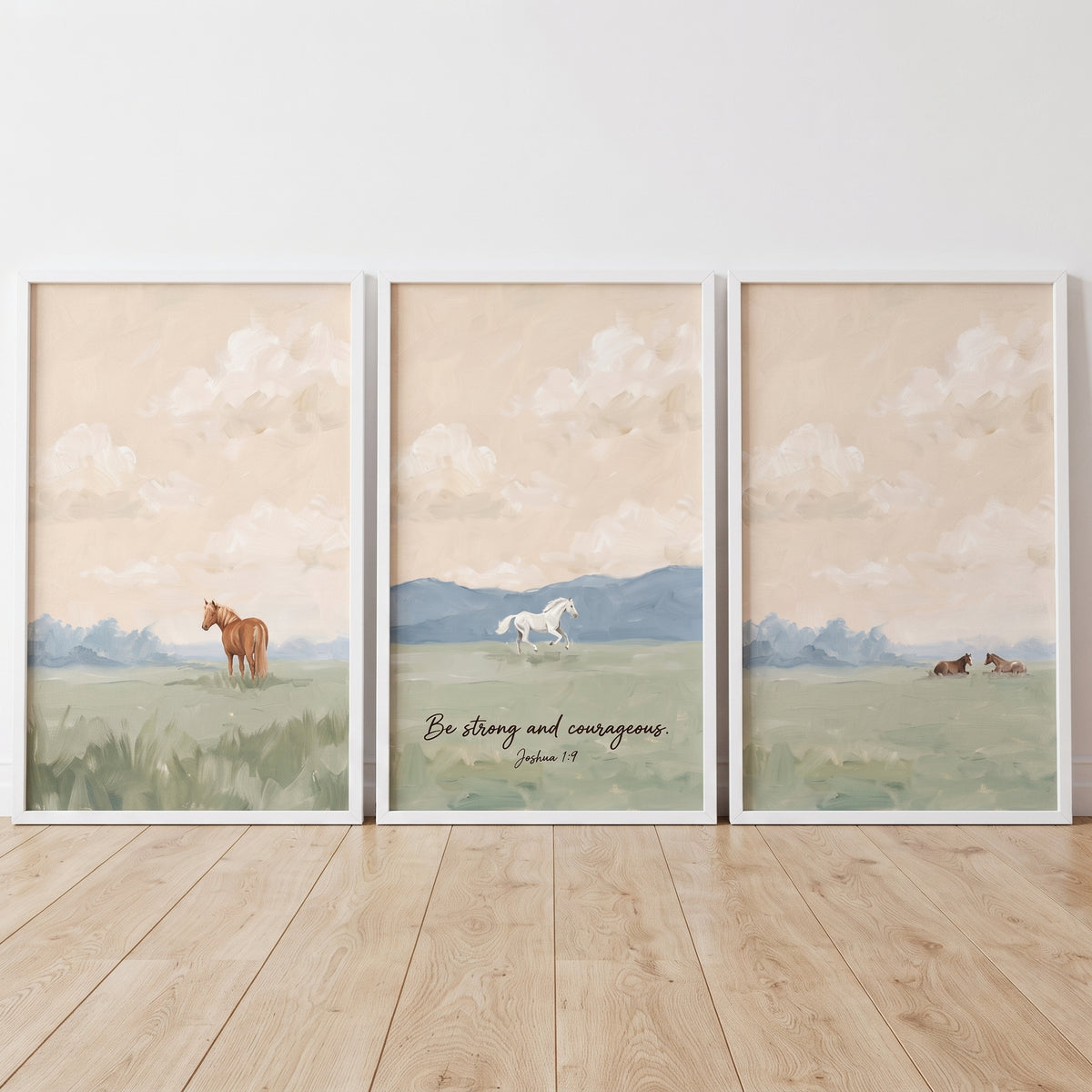 Misty peach sky horse wall art set of 3 features horses in a meadow with the text Be strong and courageous Joshua 1:9.