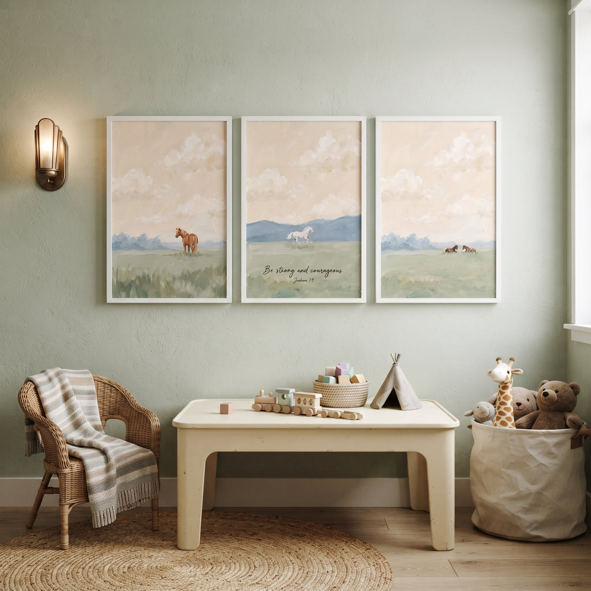 Misty Peach Sky Horse Wall Art Set of 3 - Courageous Spirit Meadow