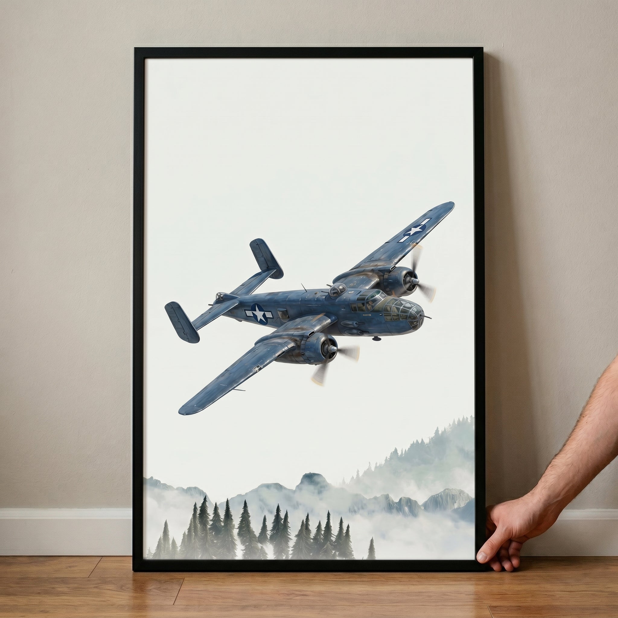 Misty Pine Forest Airplane Wall Art - Azure Horizon Flight