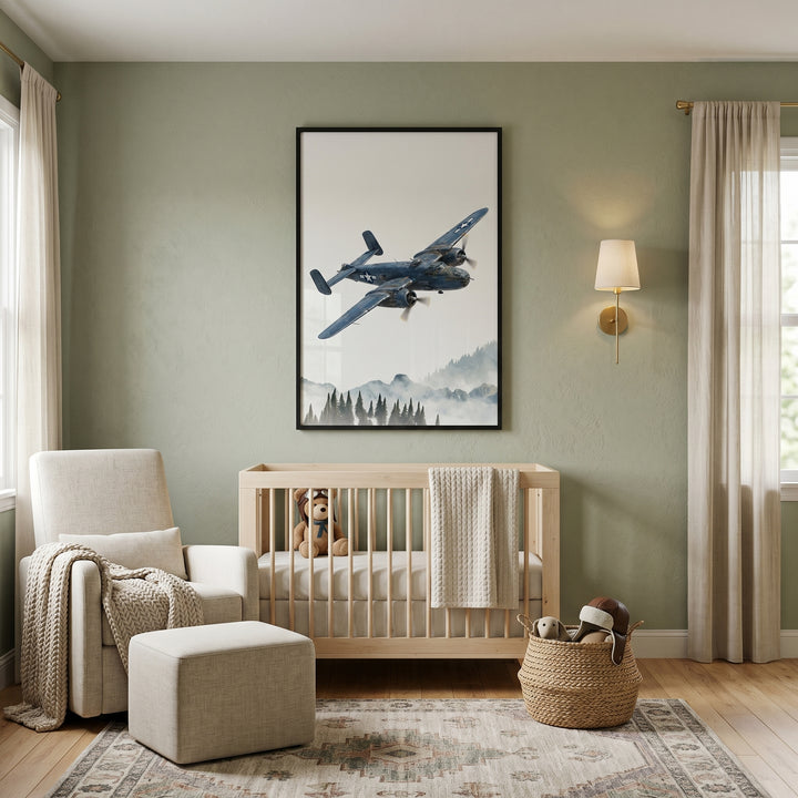 Sage green nursery featuring a wooden crib, cream armchair, and misty pine forest airplane wall art.