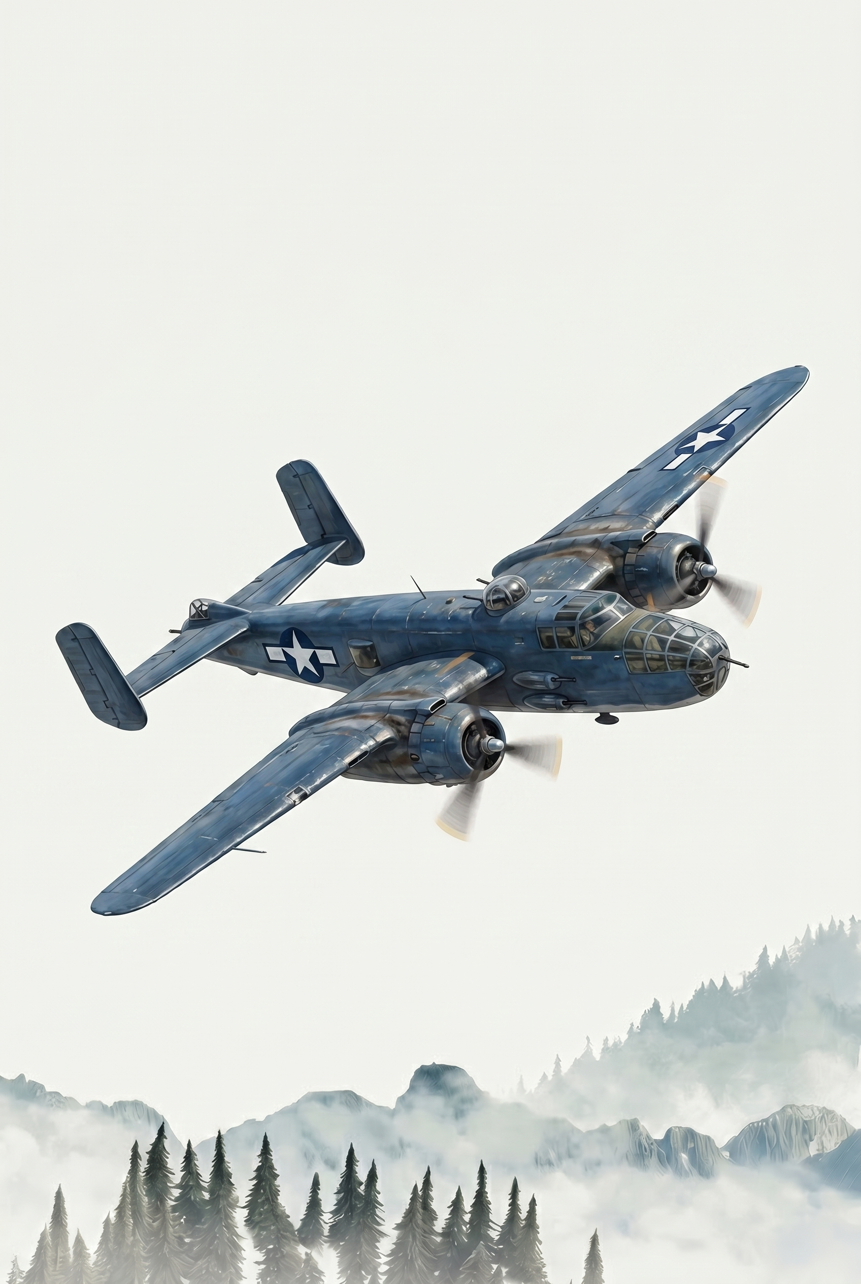 Misty Pine Forest Airplane Wall Art - Azure Horizon Flight