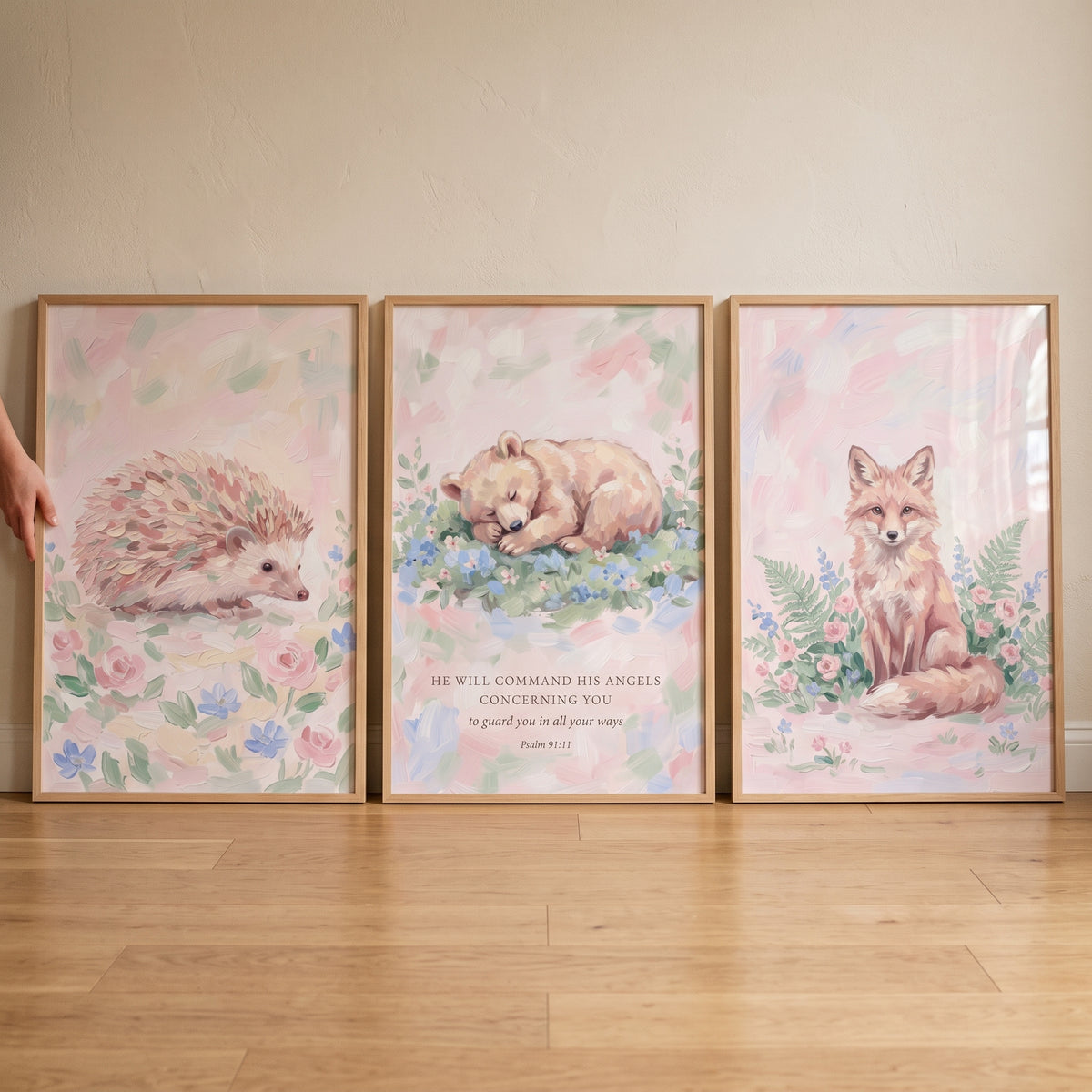 Misty Pink Woodland Animals Wall Art Set of 3 - Blessed Woodland Friends