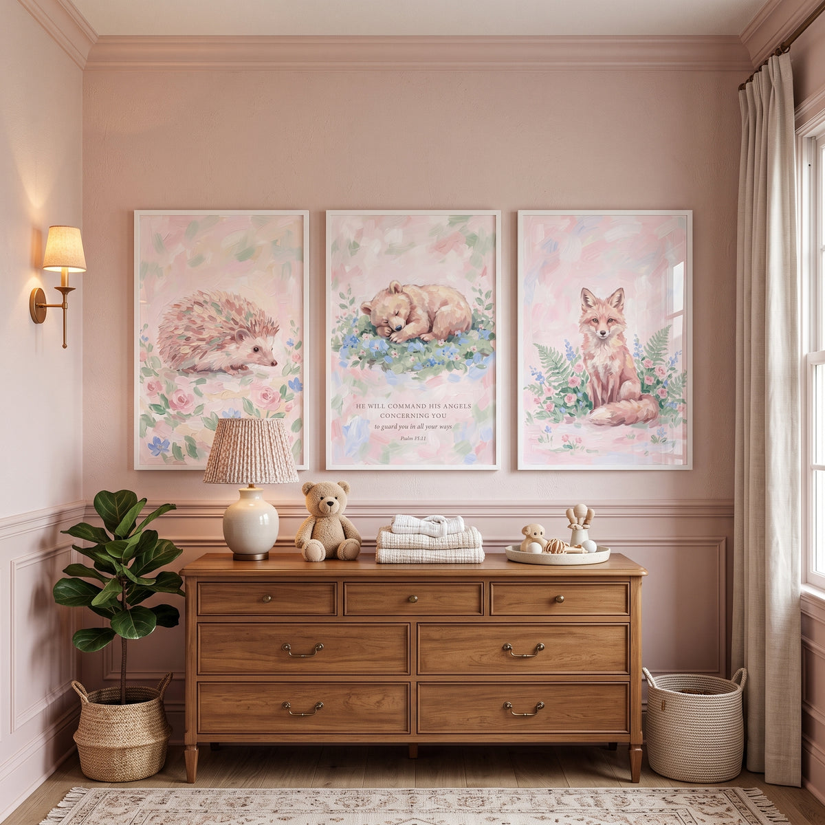 Misty Pink Woodland Animals Wall Art Set of 3 - Blessed Woodland Friends