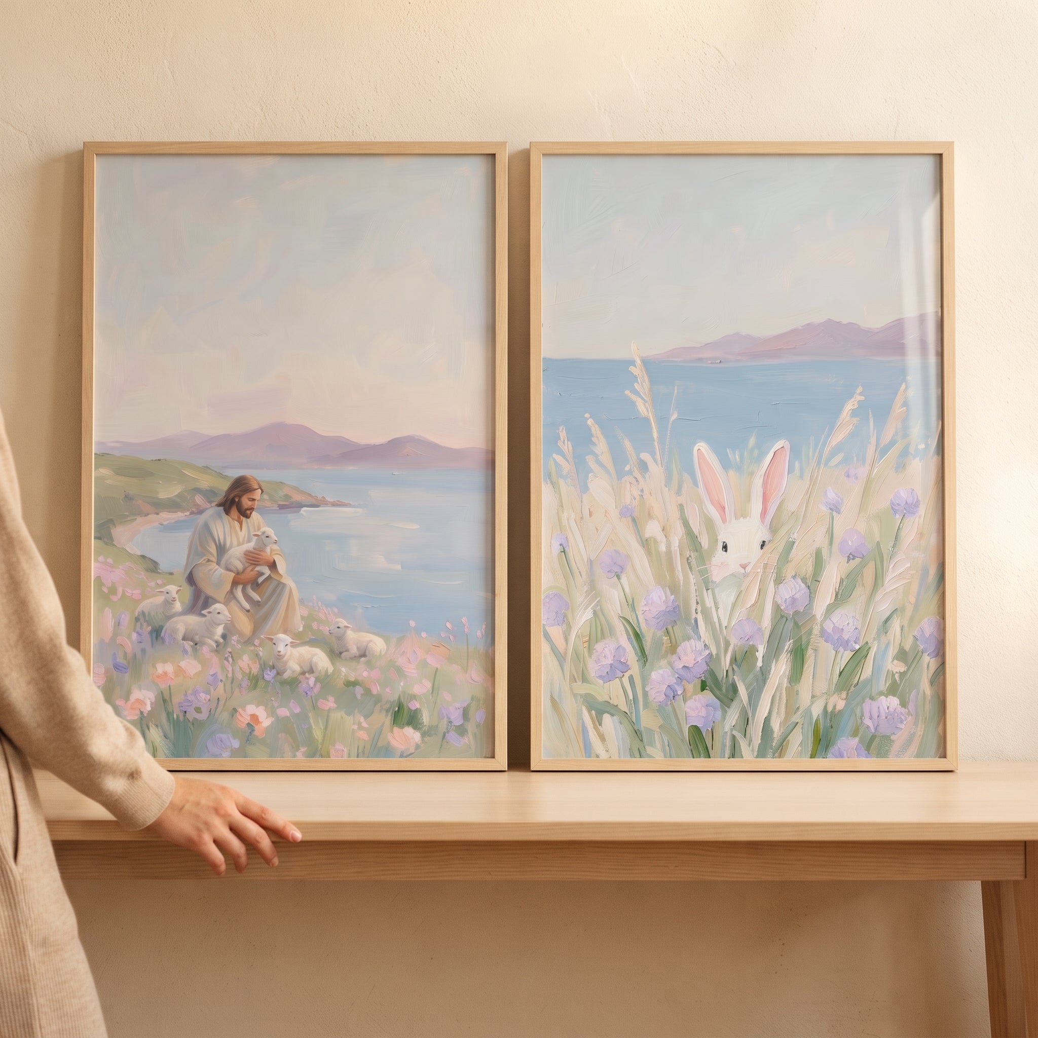 Misty Purple Mountain Coastal Wall Art Set of 2 - Gentle Shepherd Scenes