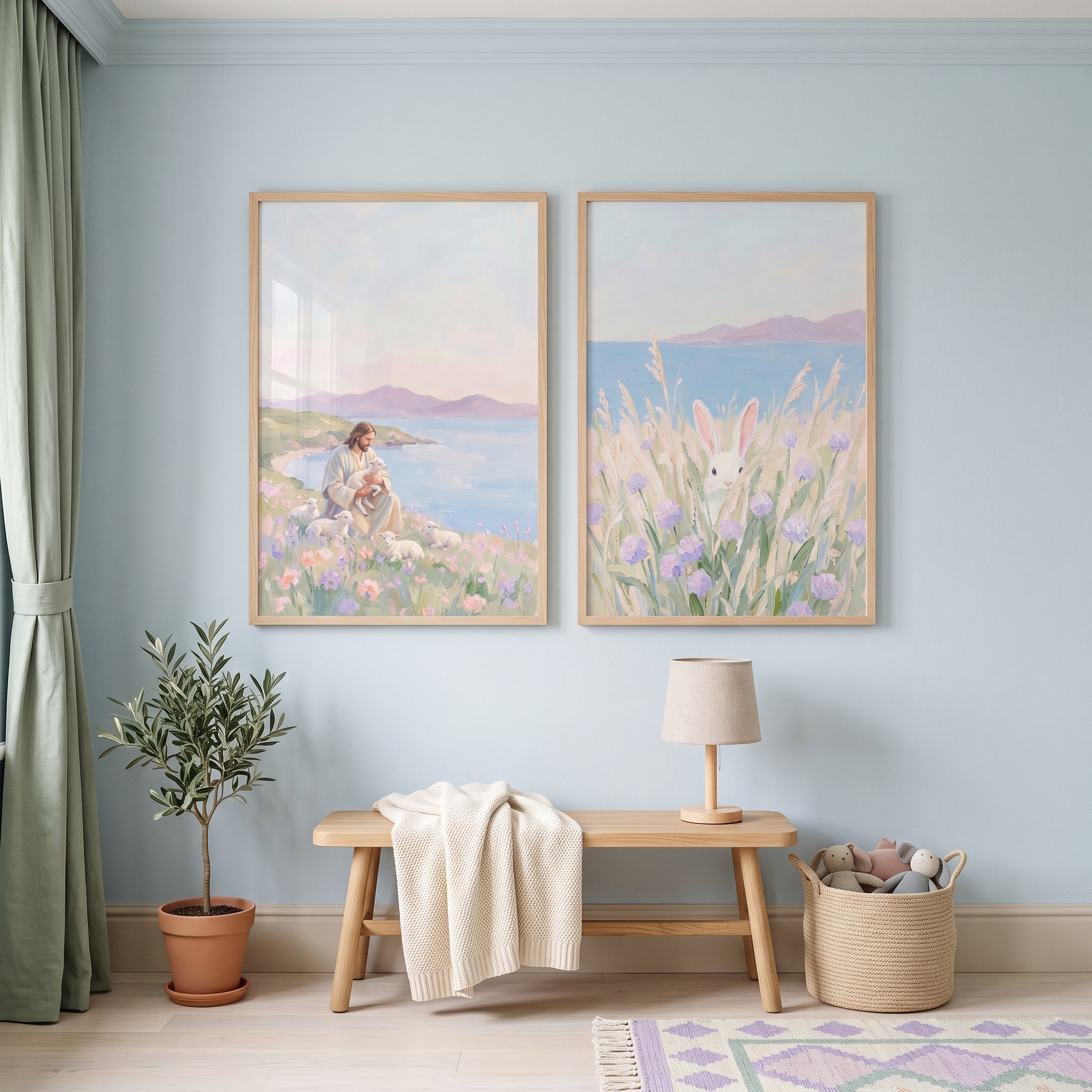 Misty Purple Mountain Coastal Wall Art Set of 2 - Gentle Shepherd Scenes