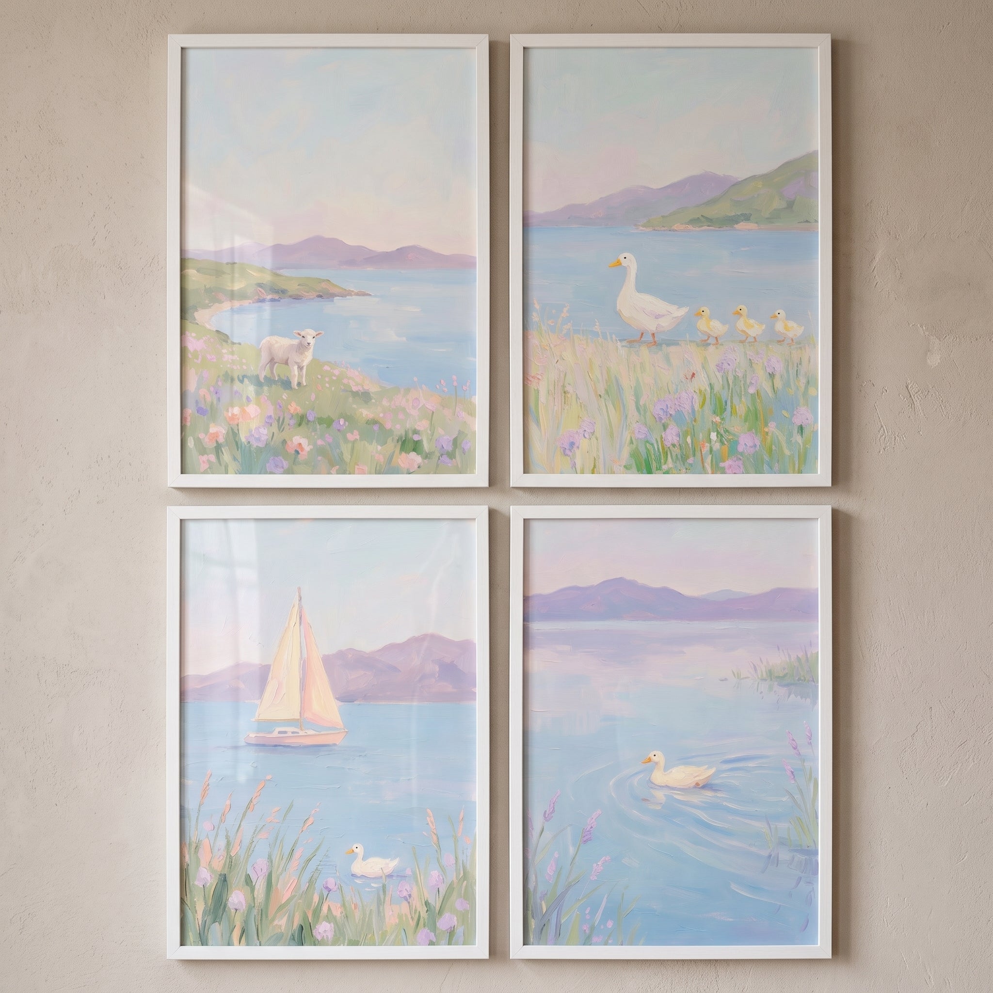 Misty Purple Mountain Coastal Wall Art Set of 4 - Soft Pastel Shores