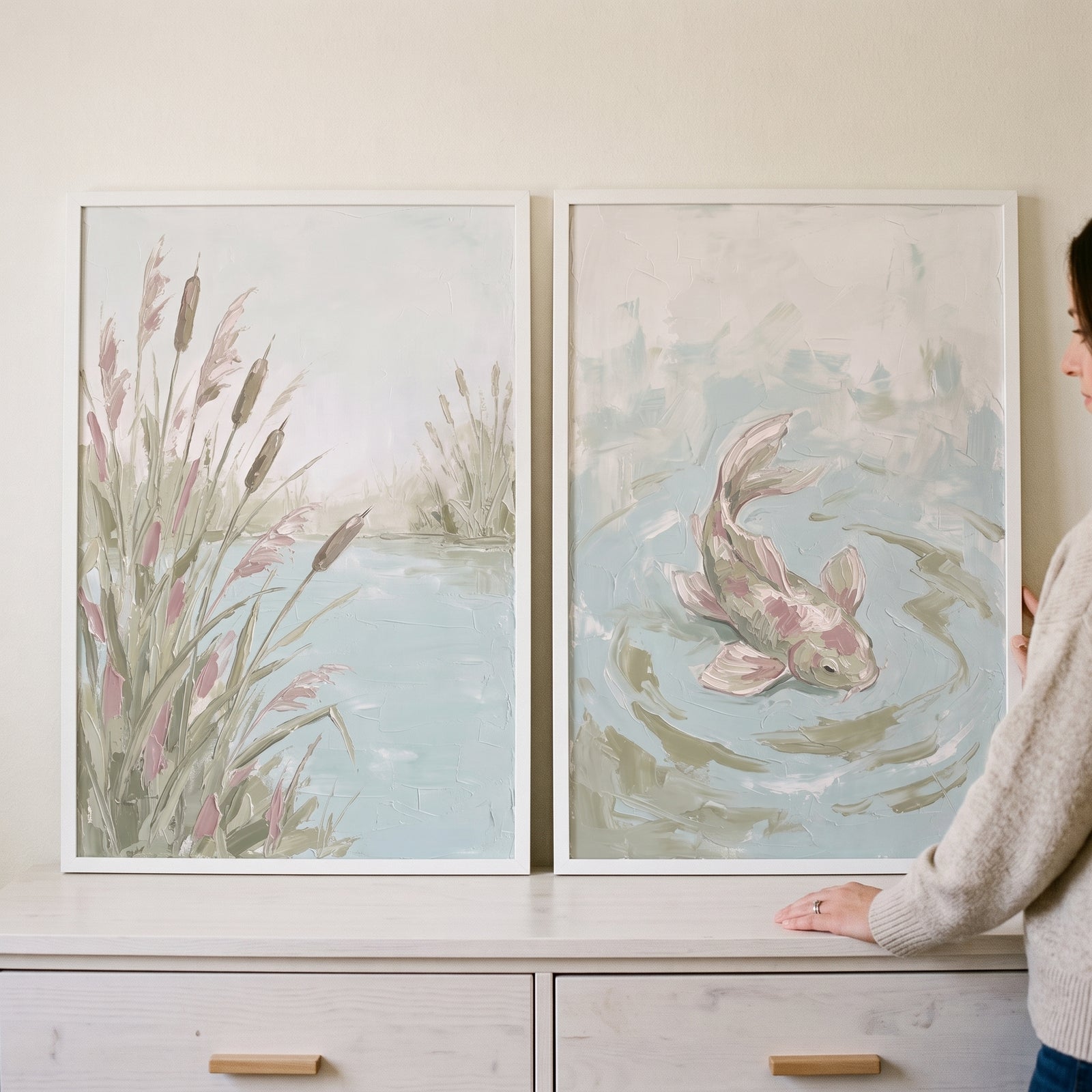 Misty sage green pond wall art set of 2 featuring cattails and a swimming fish in soft, muted colors.