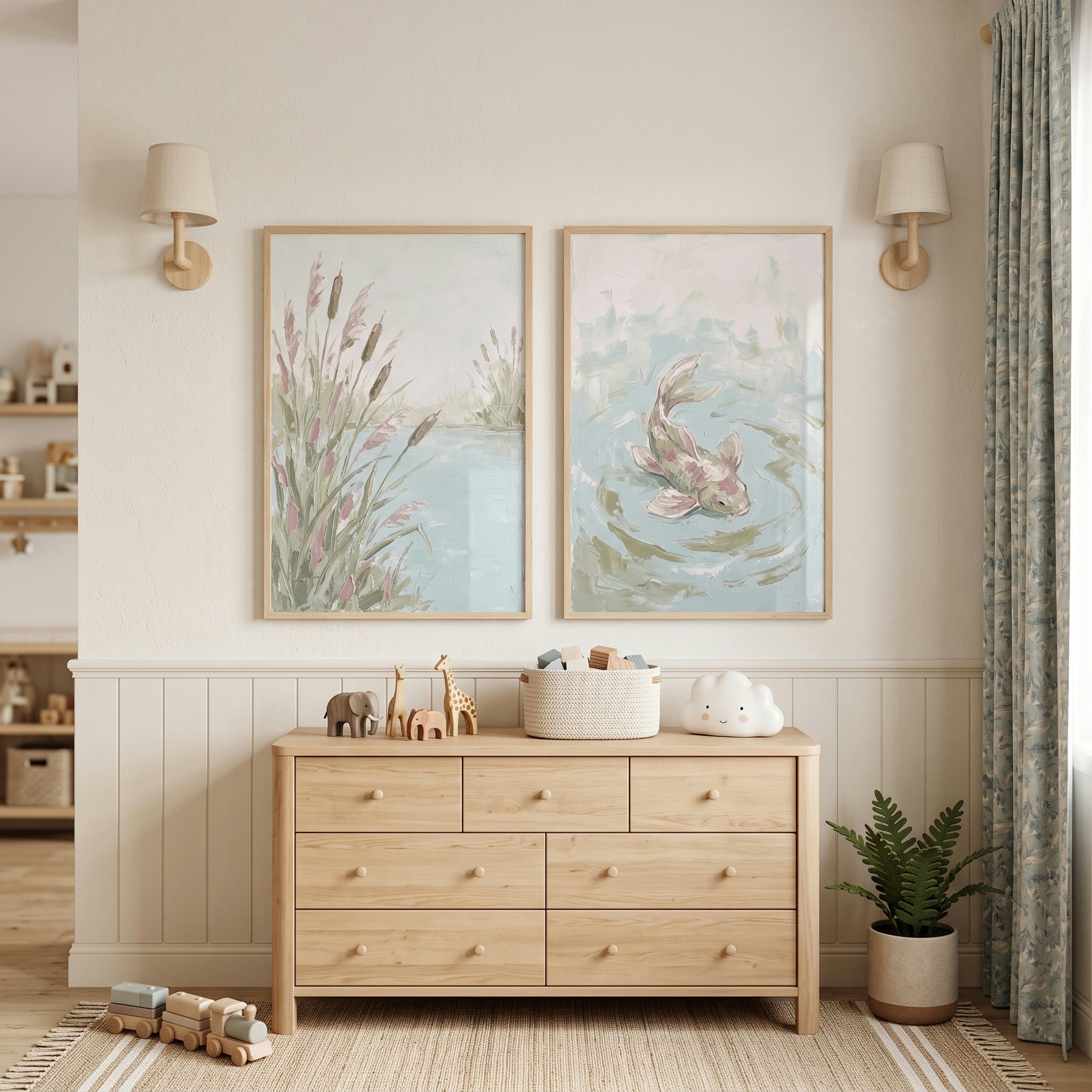 Misty Sage Green Pond Wall Art Set Of 2 - Tranquil Koi Waters
