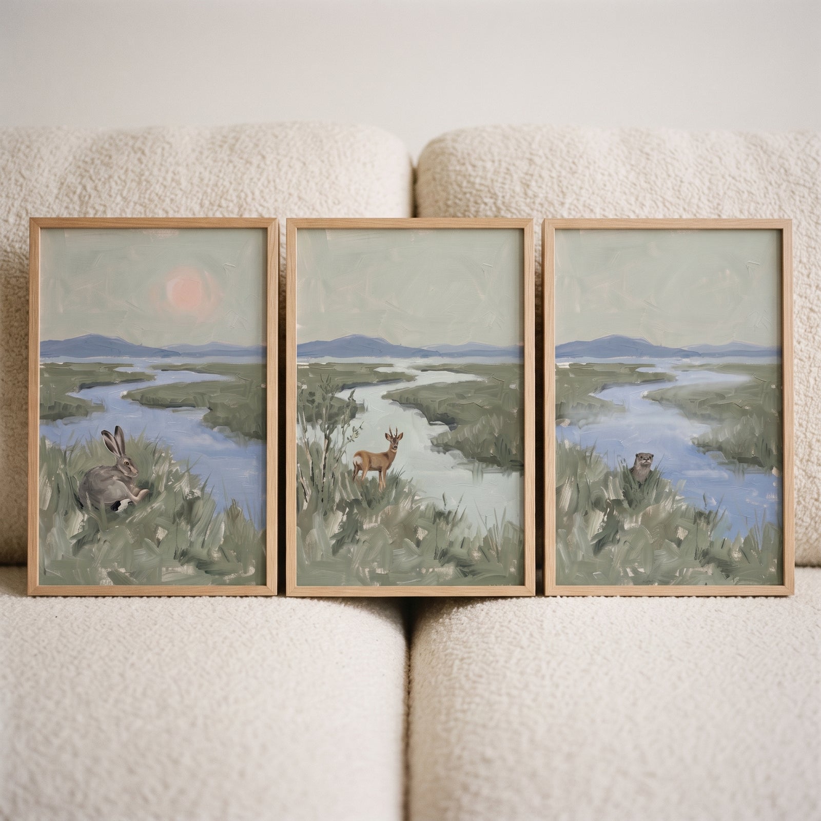 Misty sage marsh wildlife animals wall art set of 3 featuring a hare, deer, and otter in a hazy river landscape.