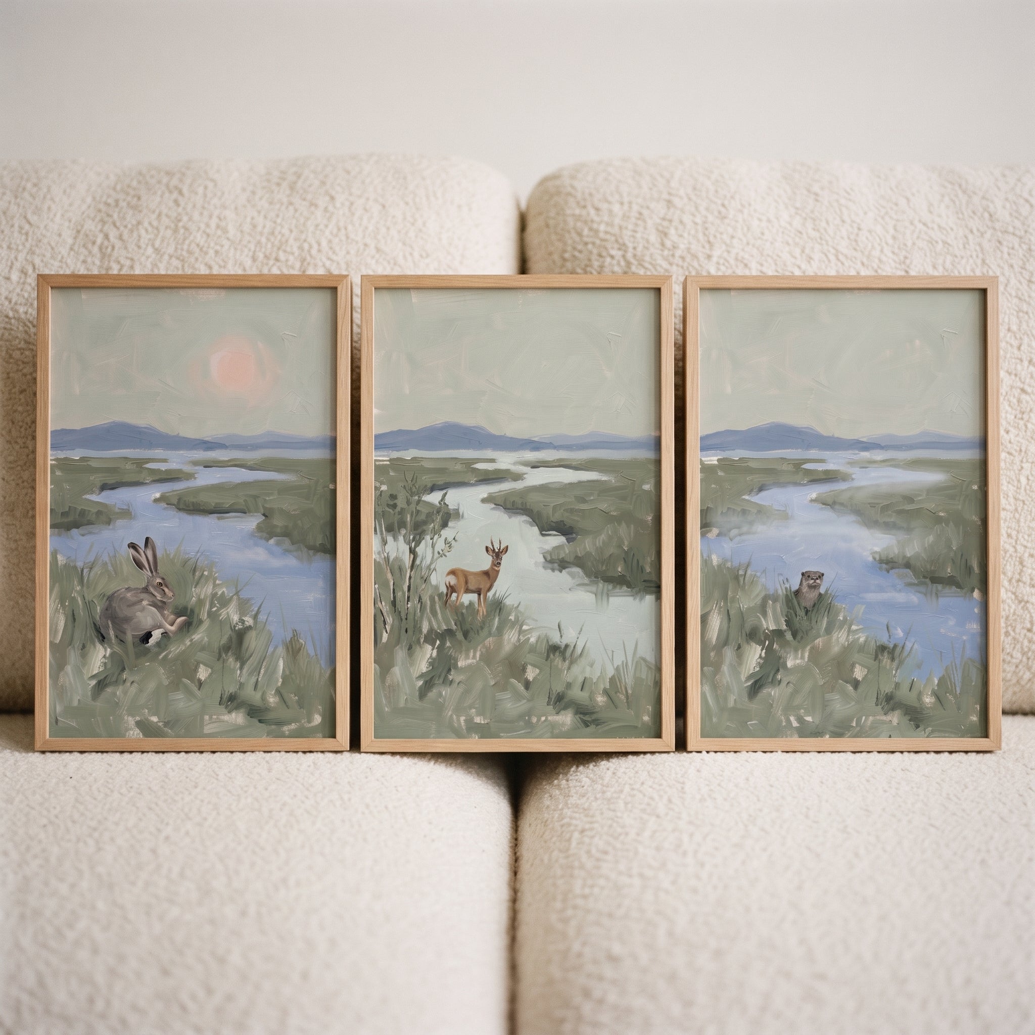 Misty Sage Marsh Wildlife Animals Wall Art Set of 3 - Wild Riverside Trio