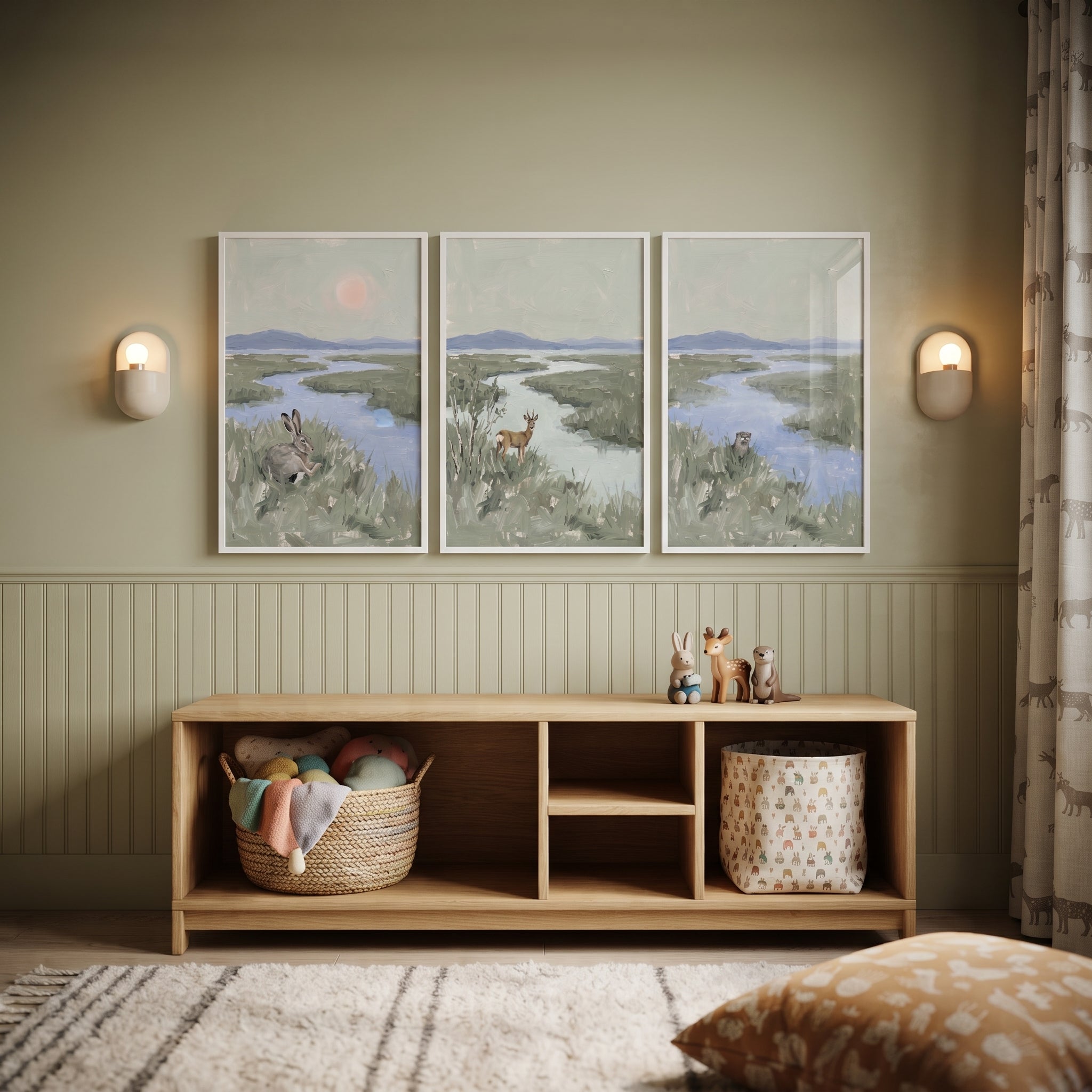 Misty Sage Marsh Wildlife Animals Wall Art Set of 3 - Wild Riverside Trio