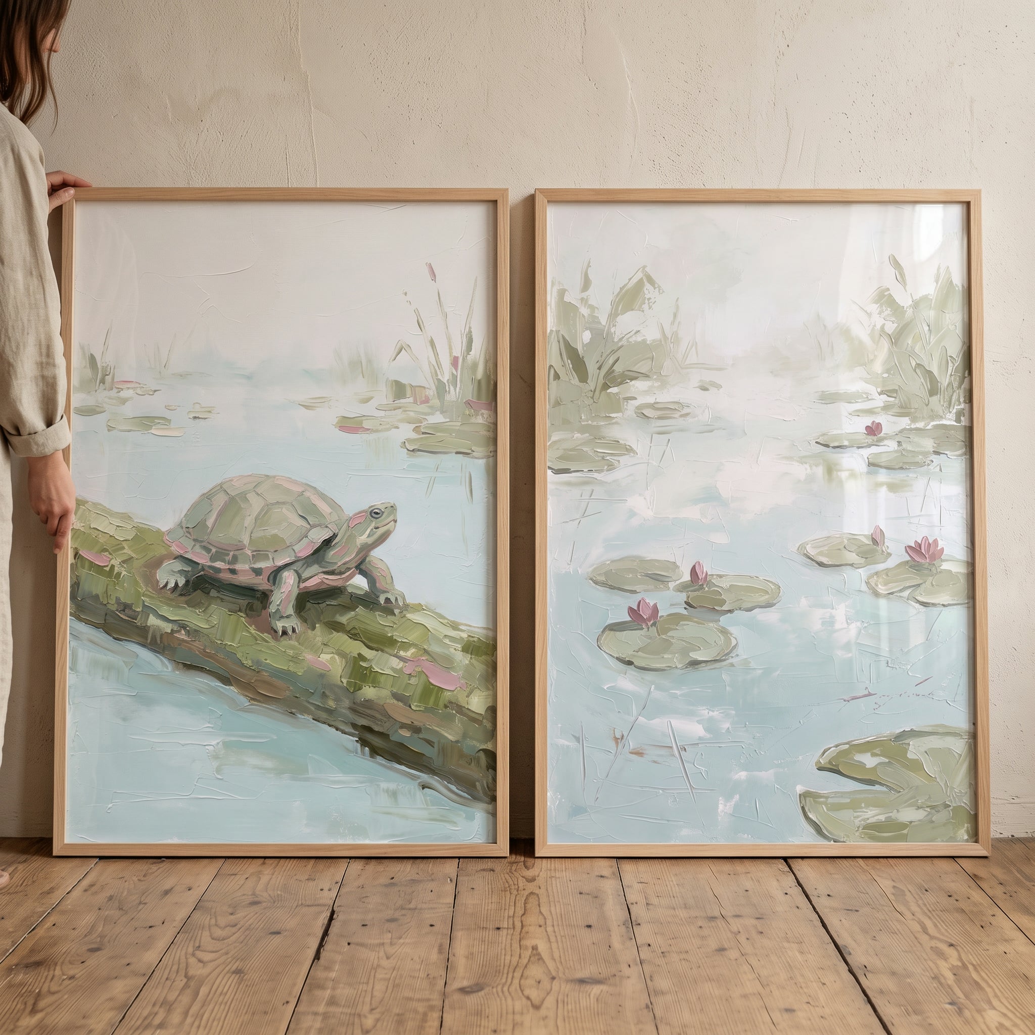 Misty Sage Nature Pond Wall Art Set Of 2 - Sunlit Shell Haven