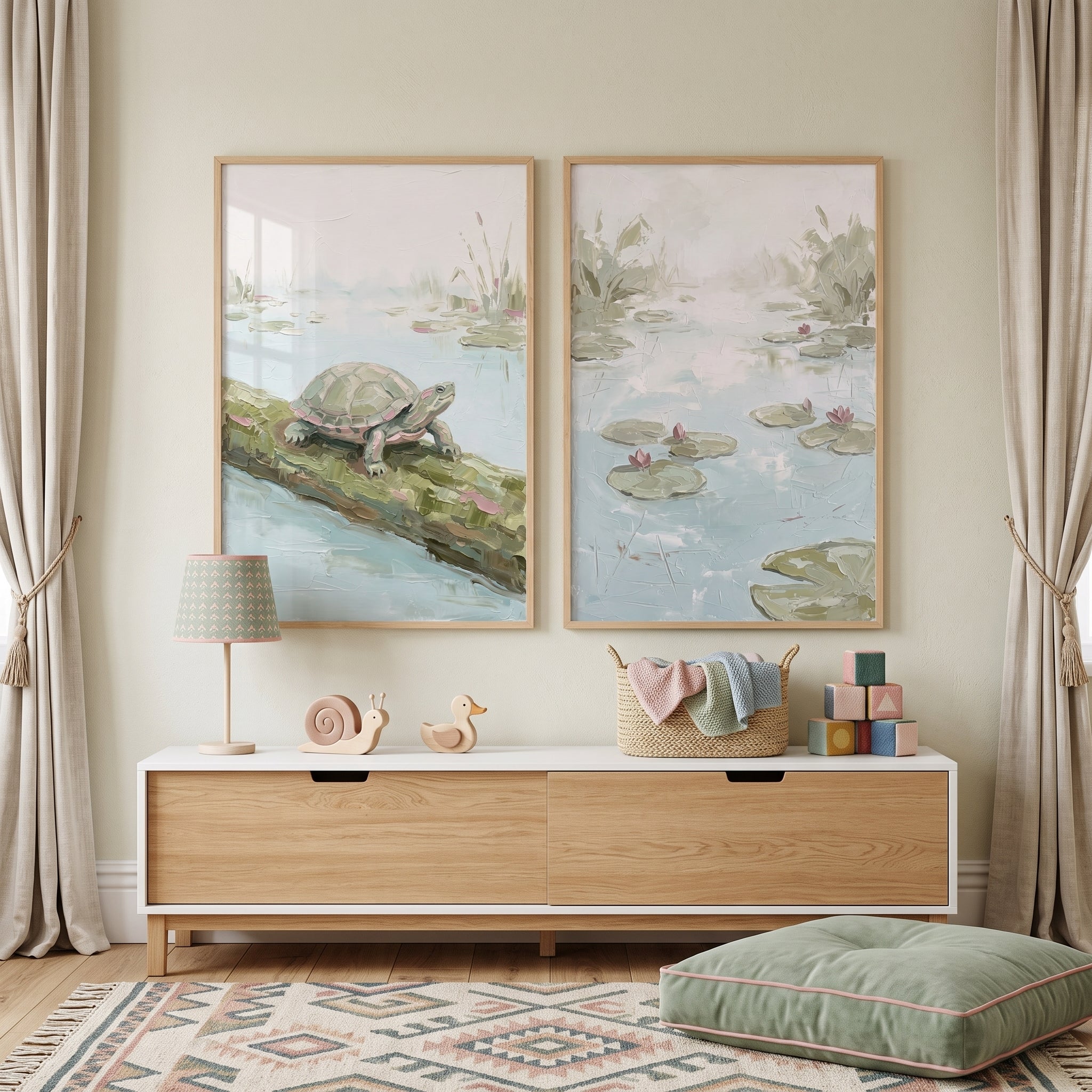 Misty Sage Nature Pond Wall Art Set Of 2 - Sunlit Shell Haven
