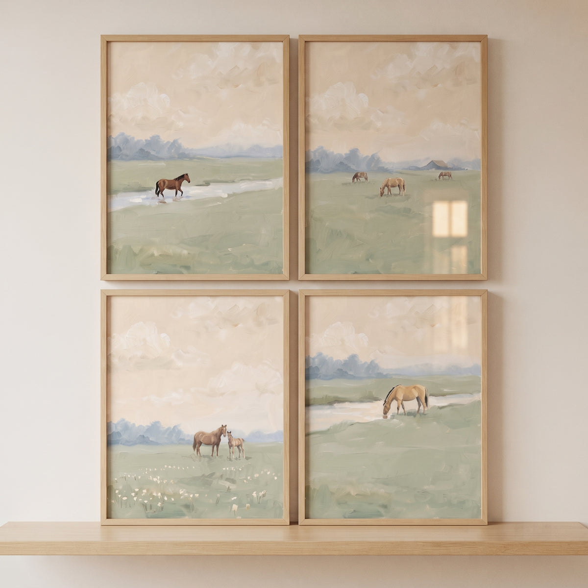 misty sage pasture horse wall art set of 4. Framed prints of horses grazing and drinking in soft, muted landscapes.