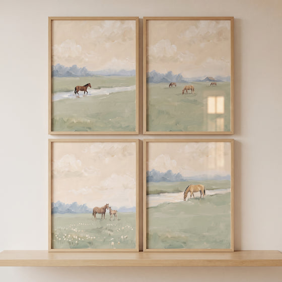 misty sage pasture horse wall art set of 4. Framed prints of horses grazing and drinking in soft, muted landscapes.