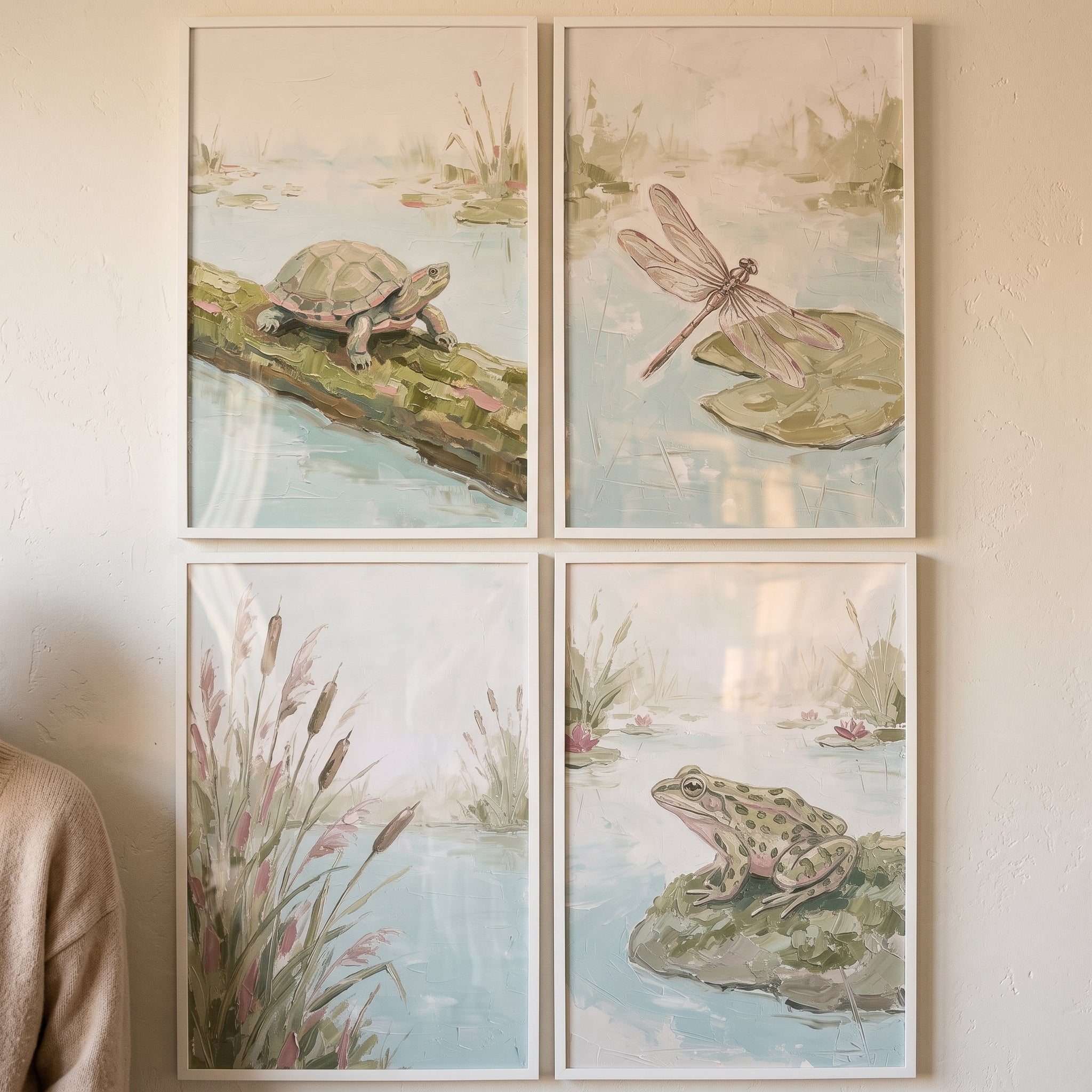 Misty Sage Pond Animals Wall Art Set of 4 - Tranquil Wetland Wonders