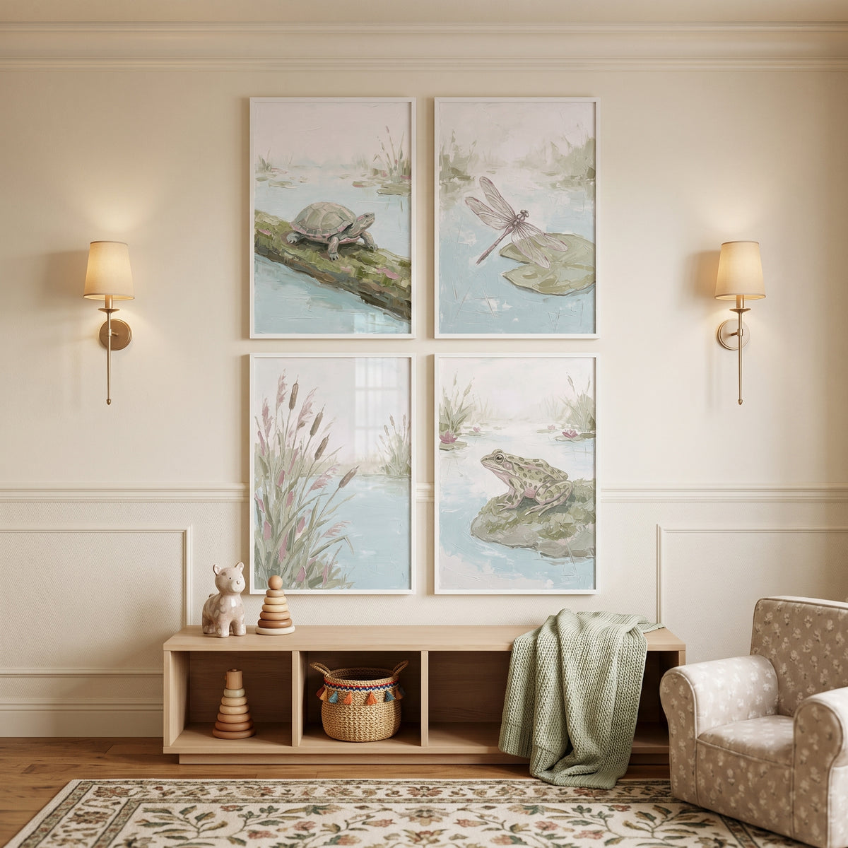 Misty Sage Pond Animals Wall Art Set of 4 - Tranquil Wetland Wonders
