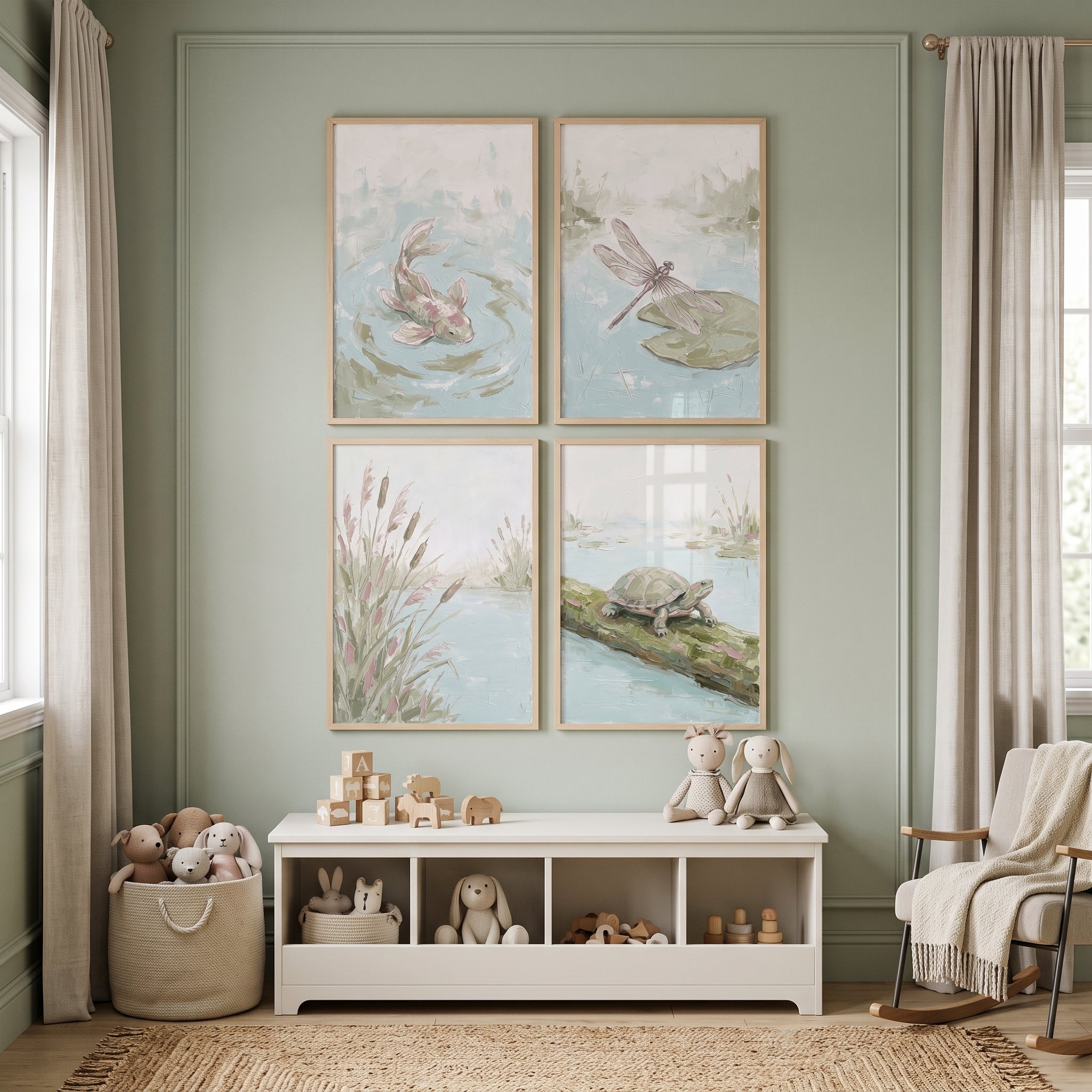 Misty Sage Pond Animals Wall Art Set Of 4 - Tranquil Water Scenes