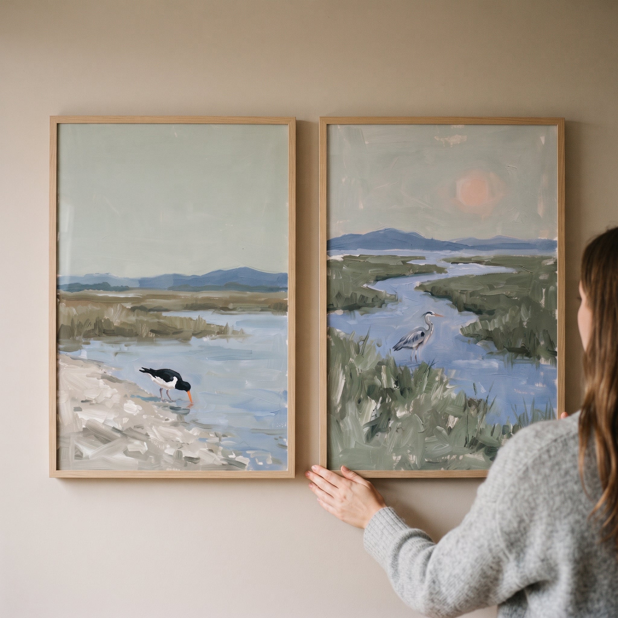 Misty Sage Wetland Bird Wall Art Set of 2 - Quiet Estuary Shores