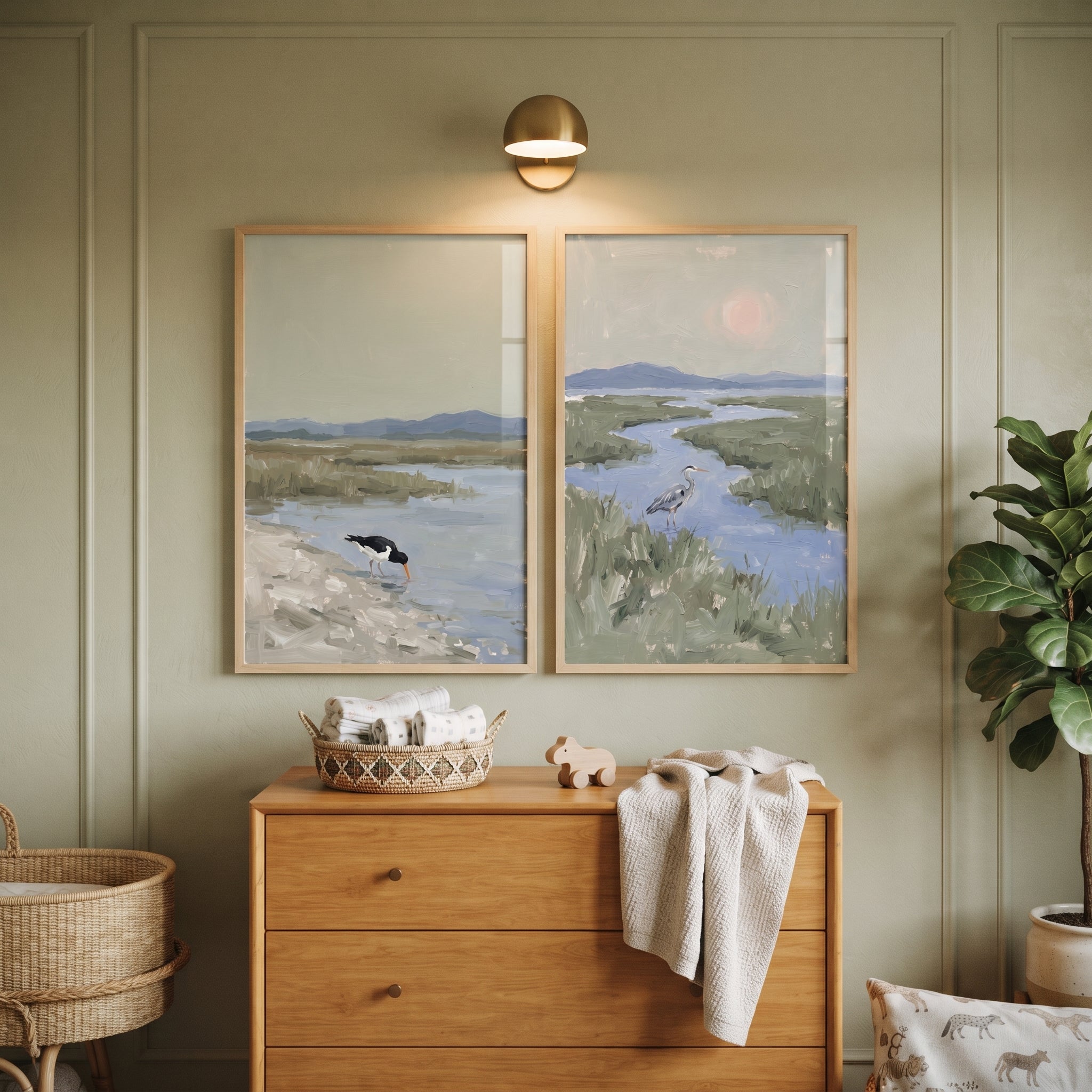 Misty Sage Wetland Bird Wall Art Set of 2 - Quiet Estuary Shores