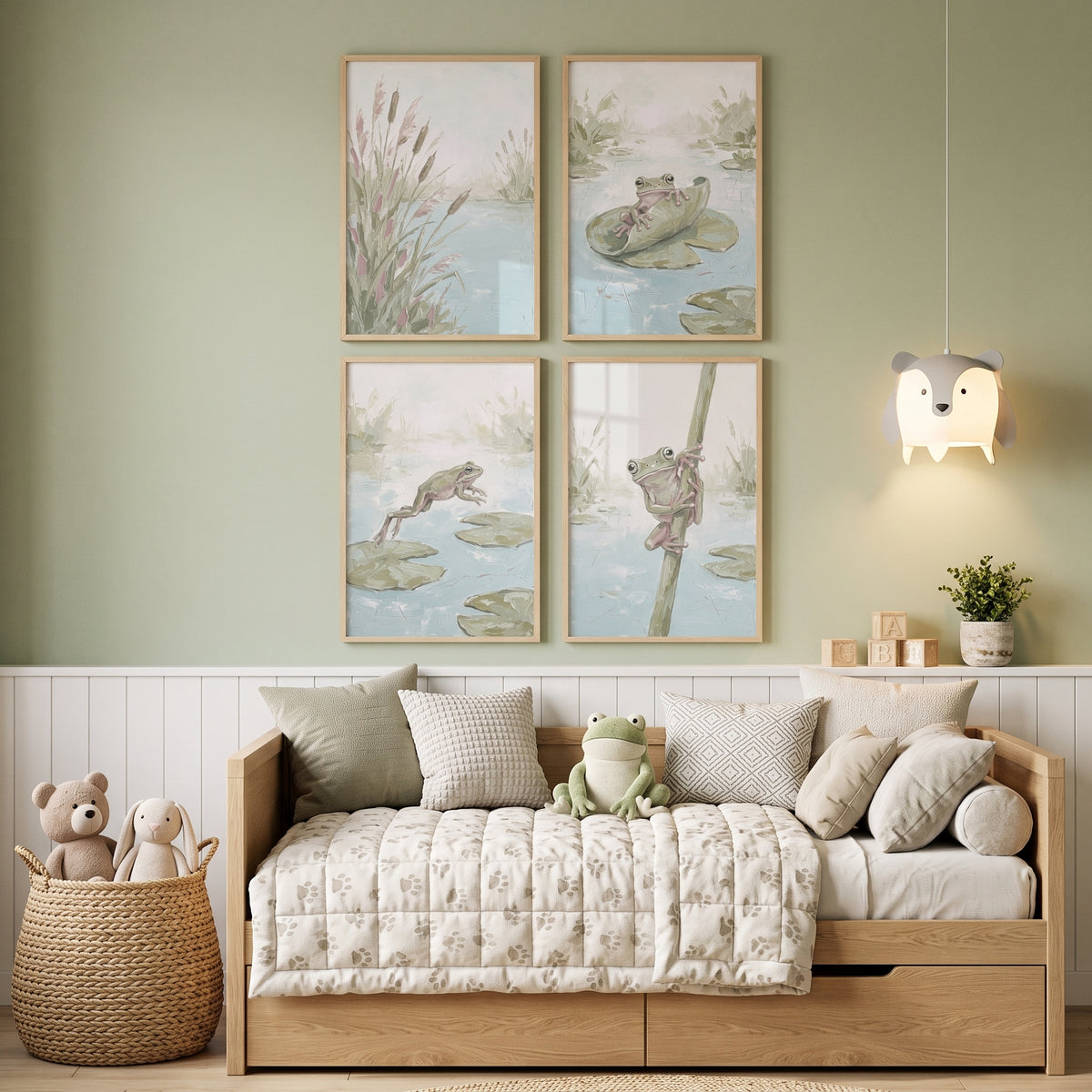 Misty Sage Wetland Frog Wall Art Set Of 4 - Playful Frog Scenes