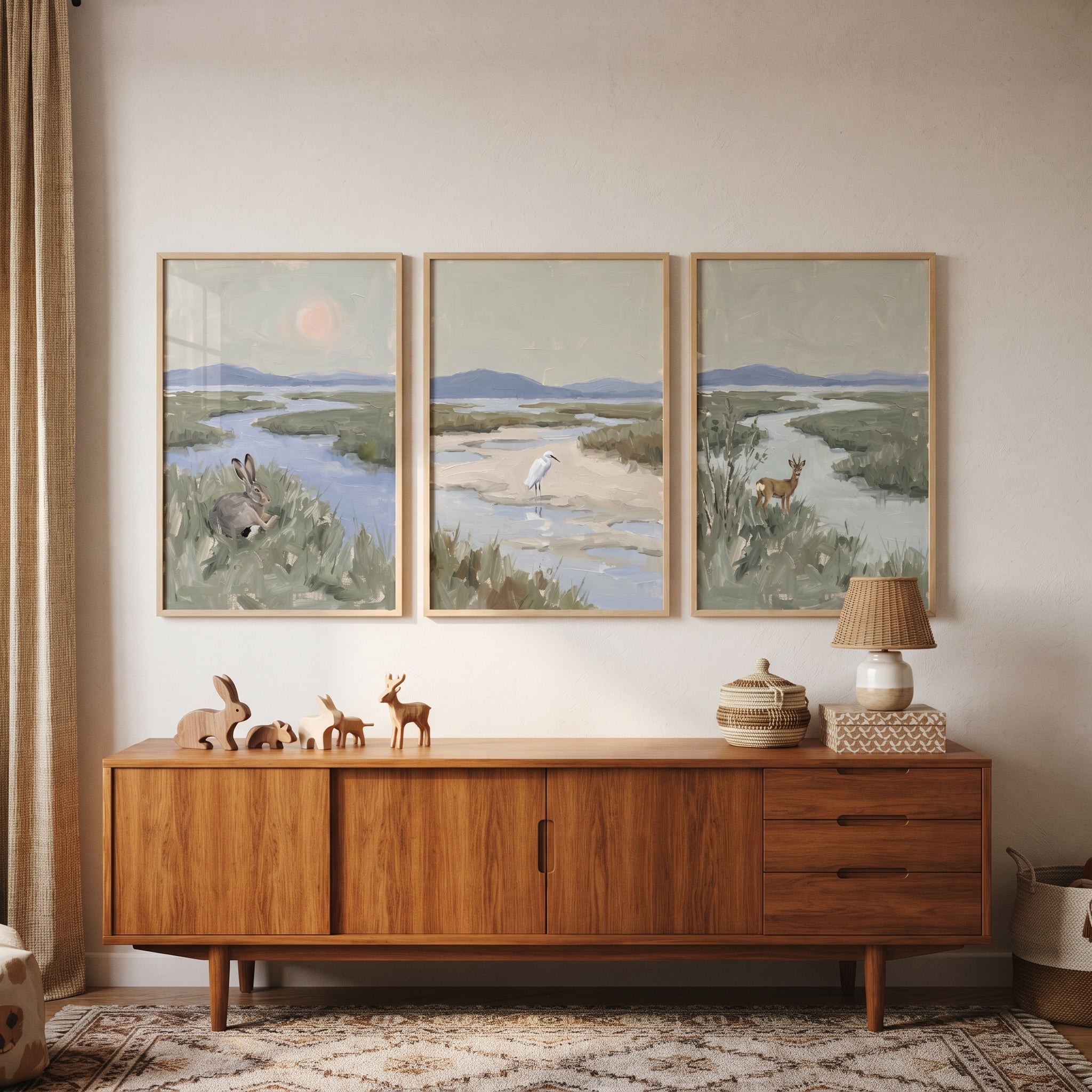 Misty Sage Wetland Wildlife Animals Wall Art Set of 3 - Serene Marsh Life