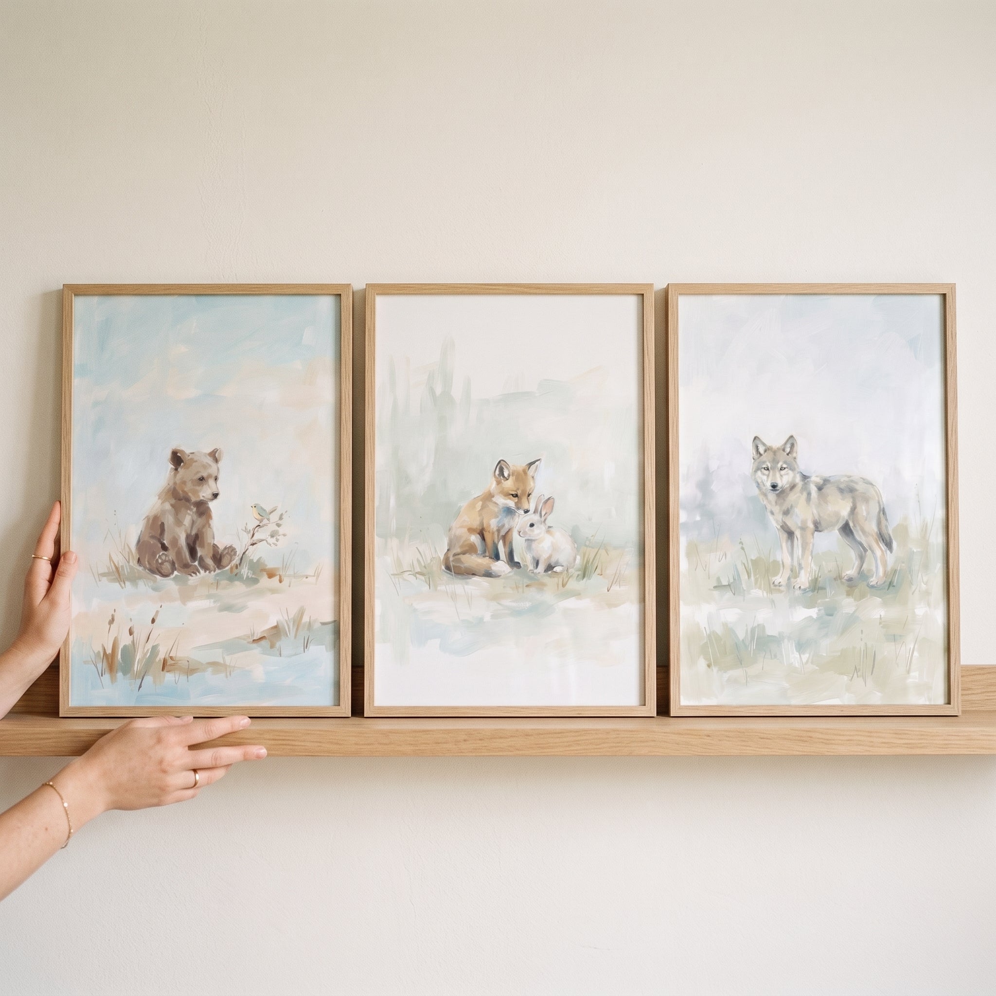 Misty Sage Woodland Animals Wall Art Set Of 3 - Soft Woodland Friends