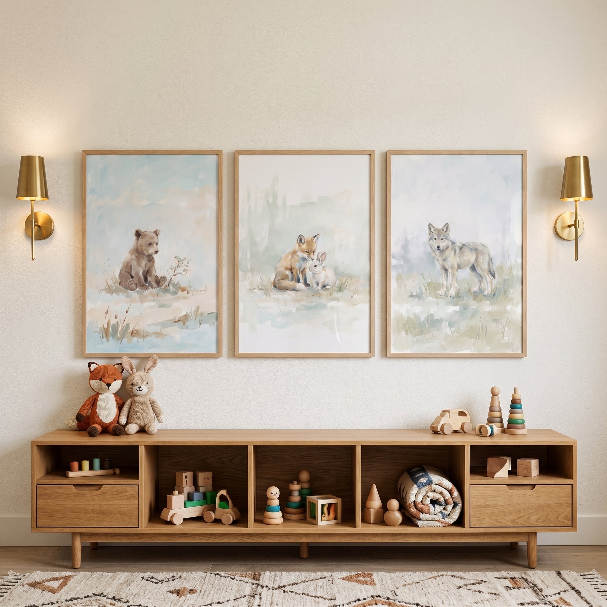 Misty Sage Woodland Animals Wall Art Set Of 3 - Soft Woodland Friends