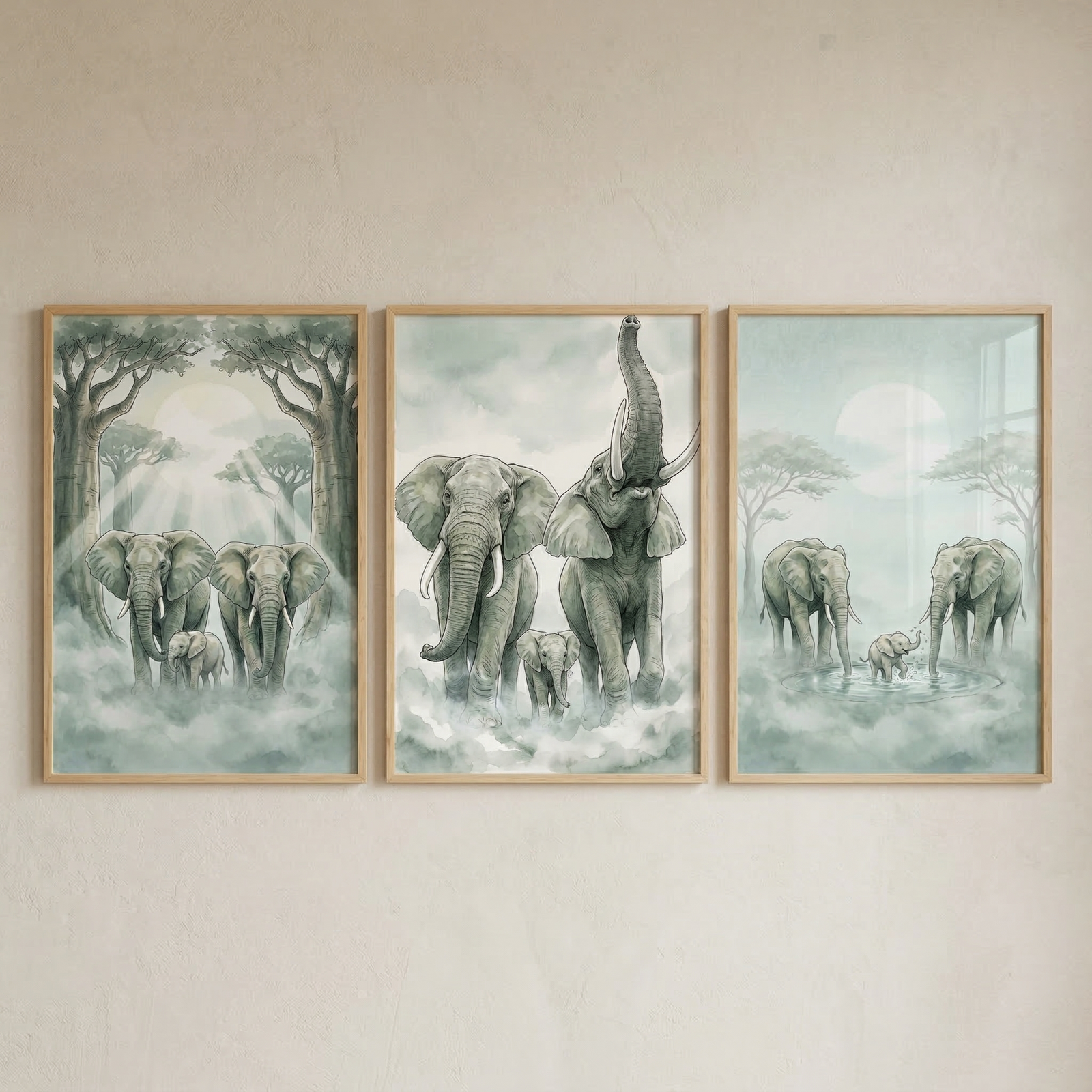 A triptych of three vertical framed artworks hangs on a textured wall. The illustrations depict elephants in a soft, hazy landscape using a muted palette of sage green, grey, and cream. The first piece shows a family of elephants emerging from a sun-dappled forest. The middle work features three elephants, including a small calf and one with its trunk raised. The final piece illustrates elephants wading in water beneath a large orb. Each is encased in a slim, light wood frame.