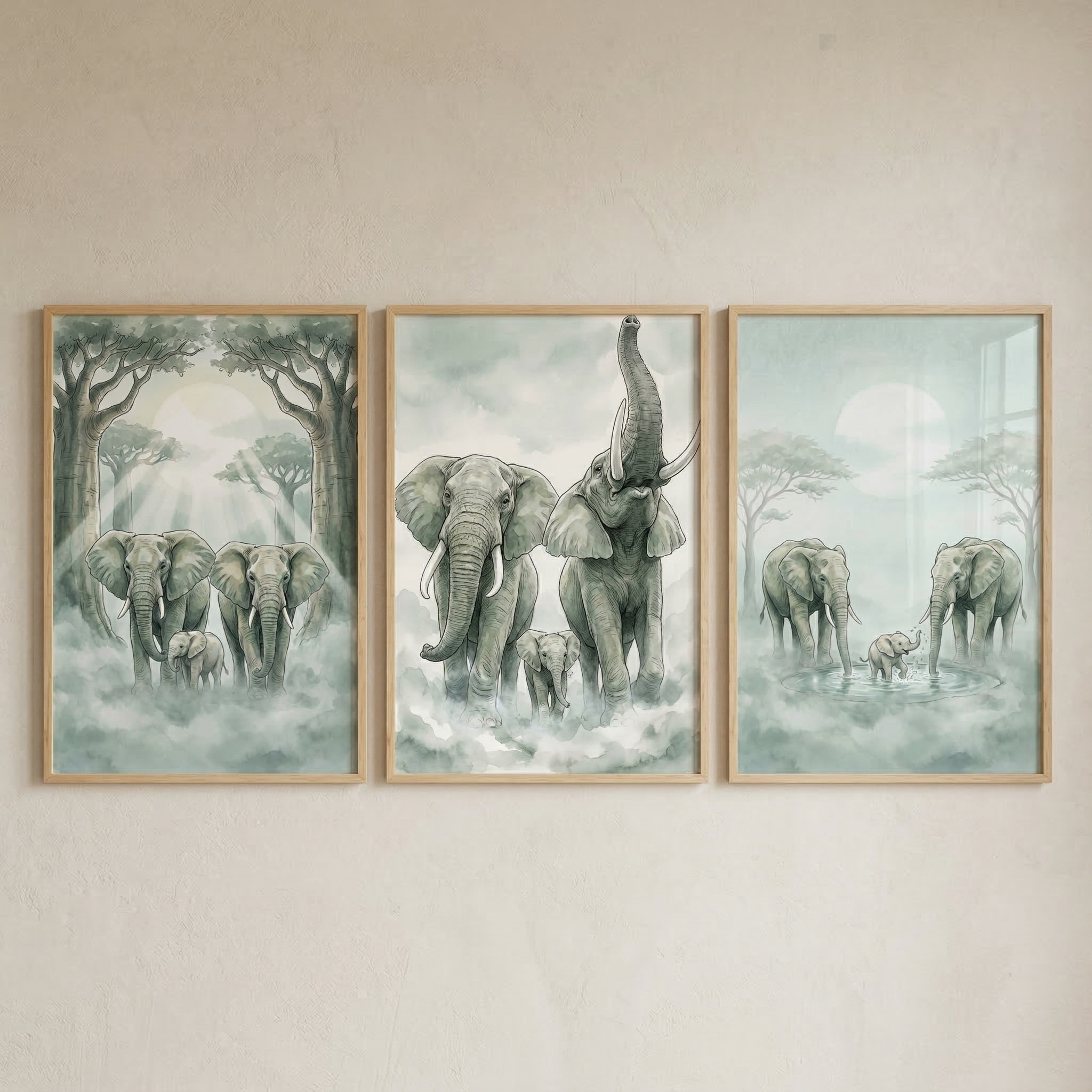 Misty Tropical Savanna Elephant Wall Art Set of 3 - Gentle Elephant Family