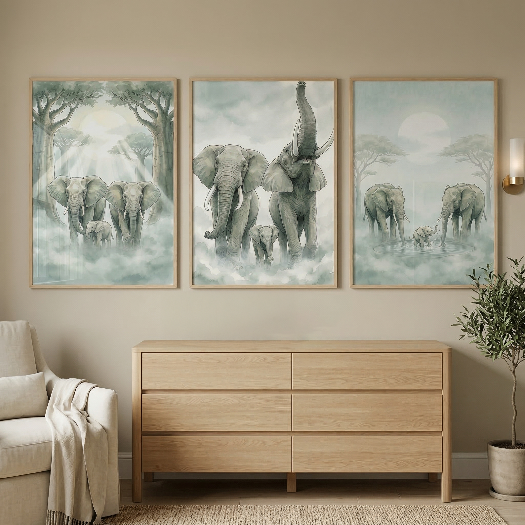 Misty Tropical Savanna Elephant Wall Art Set of 3 - Gentle Elephant Family