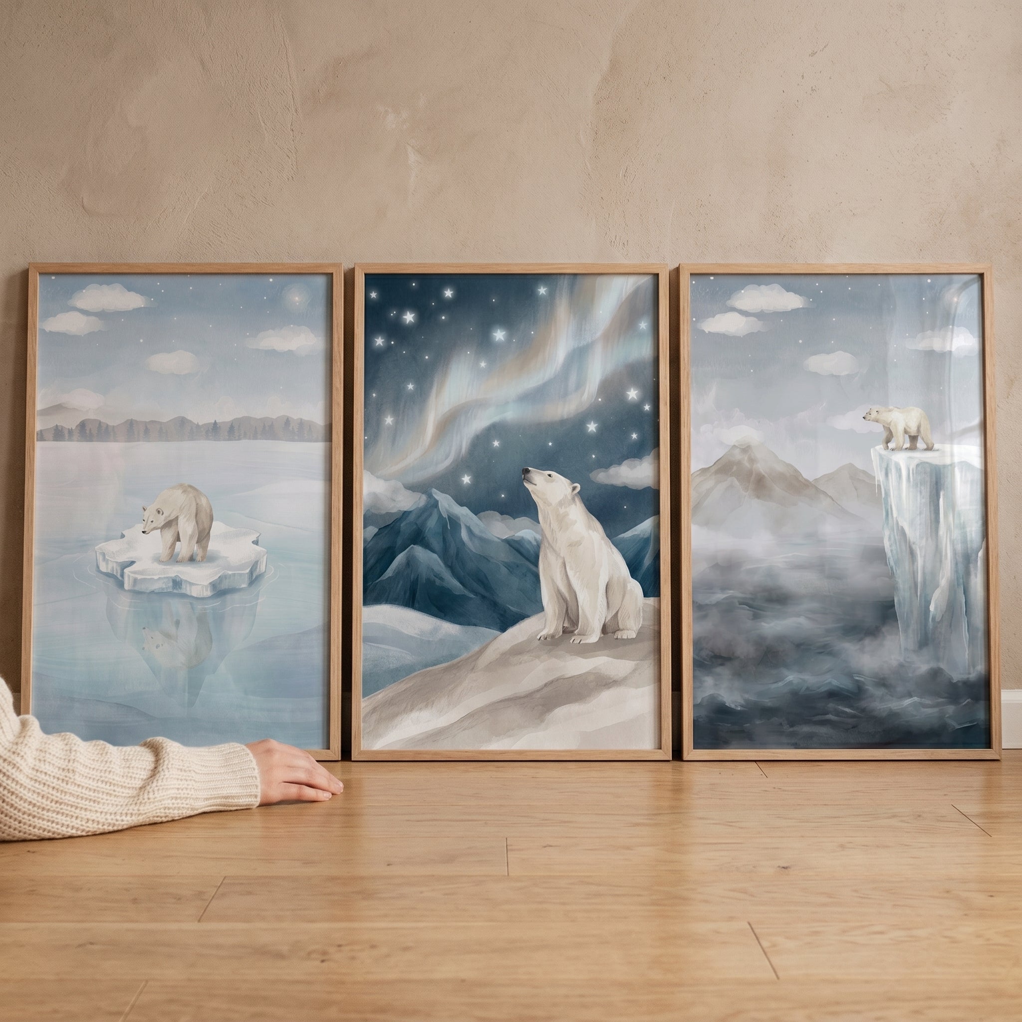 Misty Winter Arctic Polar Bear Print Set Of 3 - Arctic Night Sky