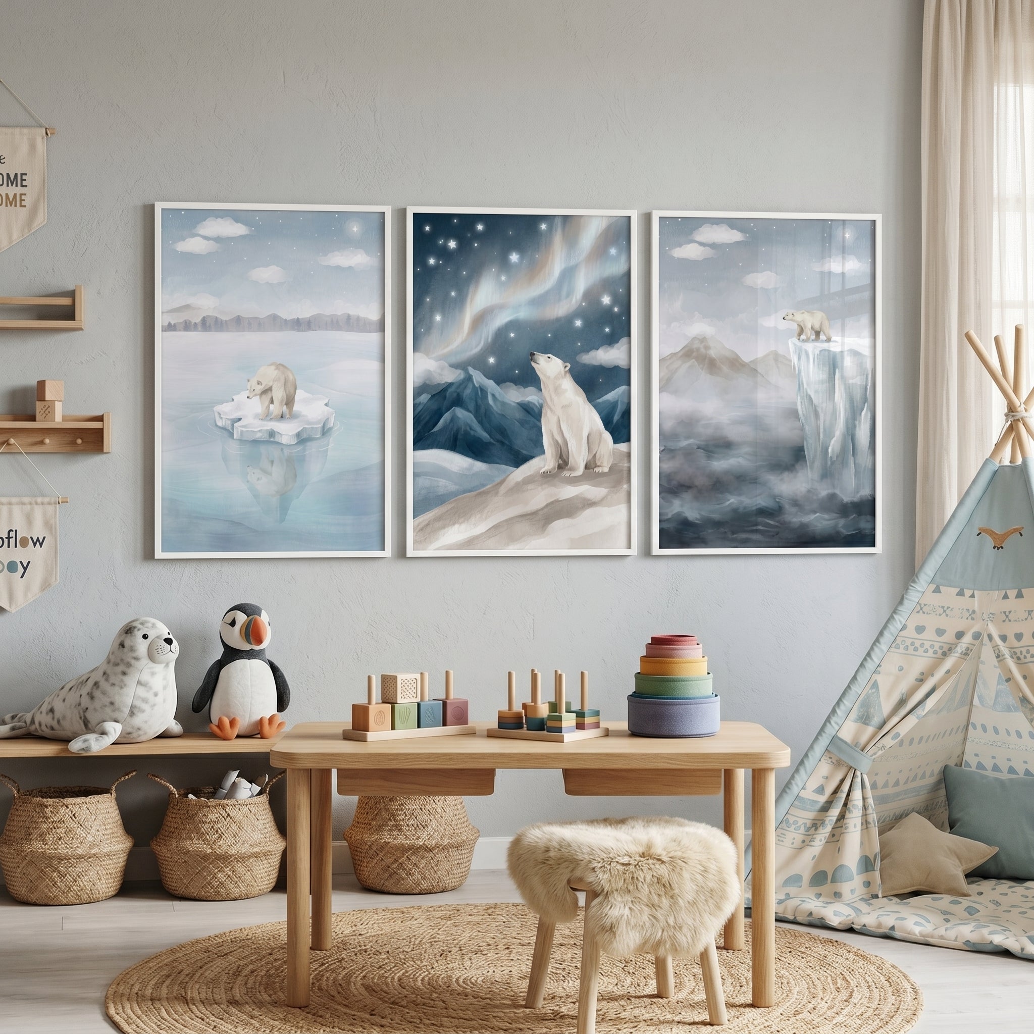 Misty Winter Arctic Polar Bear Print Set Of 3 - Arctic Night Sky