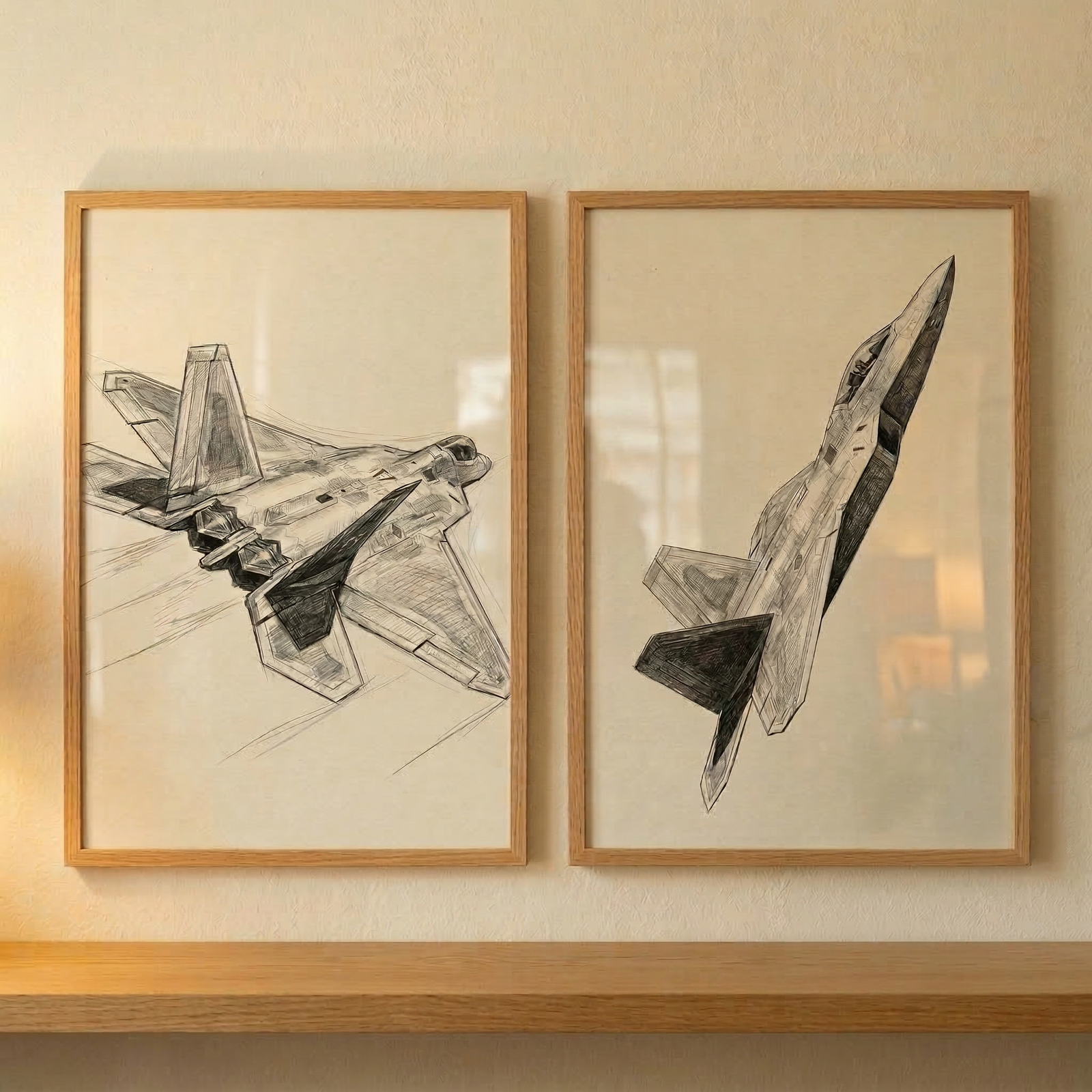 Two framed hand-drawn sketches of modern stealth fighter jets are displayed side-by-side on a plain, light-colored wall. The illustrations, rendered in a charcoal or pencil style on off-white paper, showcase the sleek and aerodynamic lines of the aircraft from different aerial perspectives. One frame shows a jet from a rear-quarter view, while the other captures a jet in a vertical ascent. Both are encased in thin, light-wood frames, hanging neatly above a matching wooden shelf.