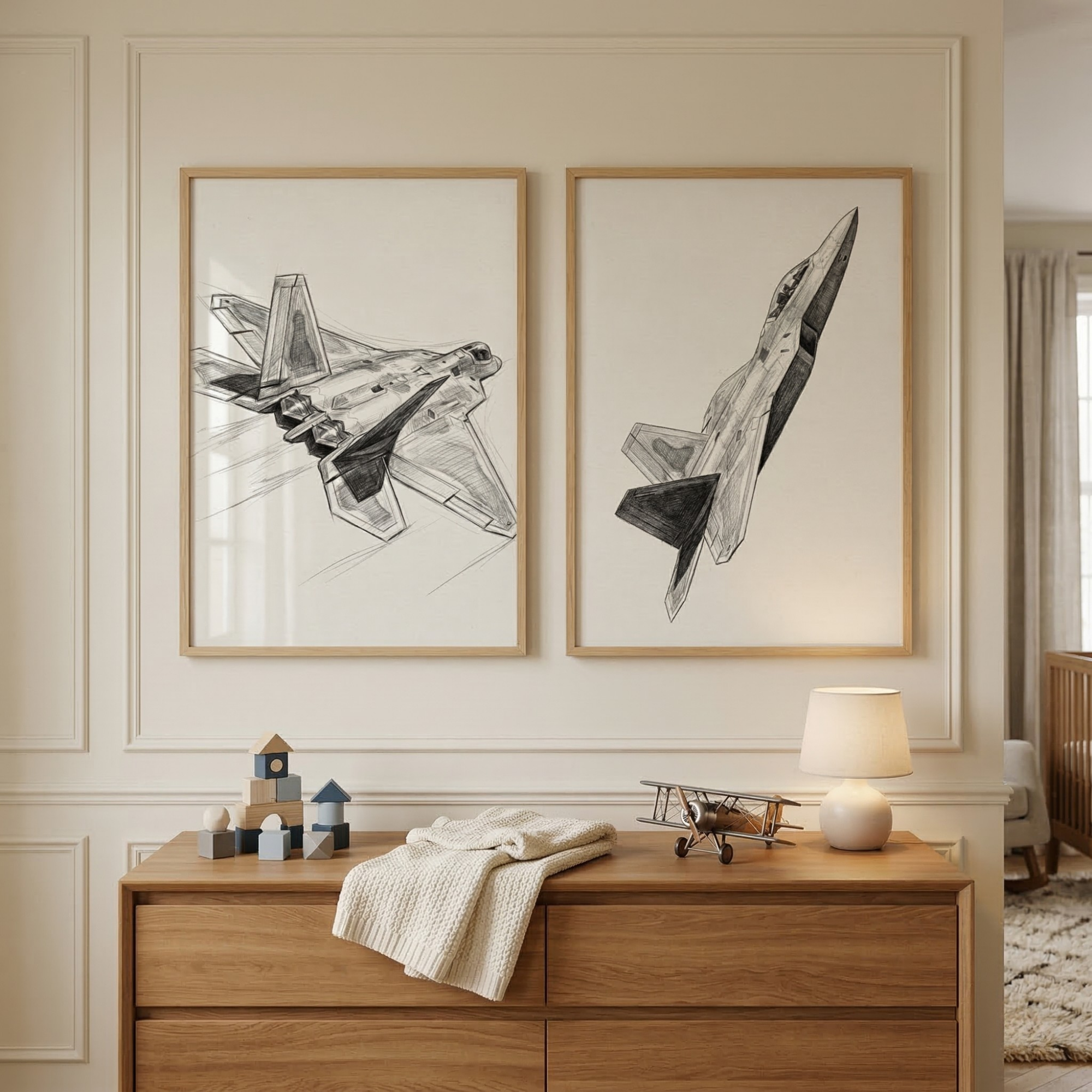 Modern Fighter Jet Wall Art Set of 2 - Stealth Jet Sketch