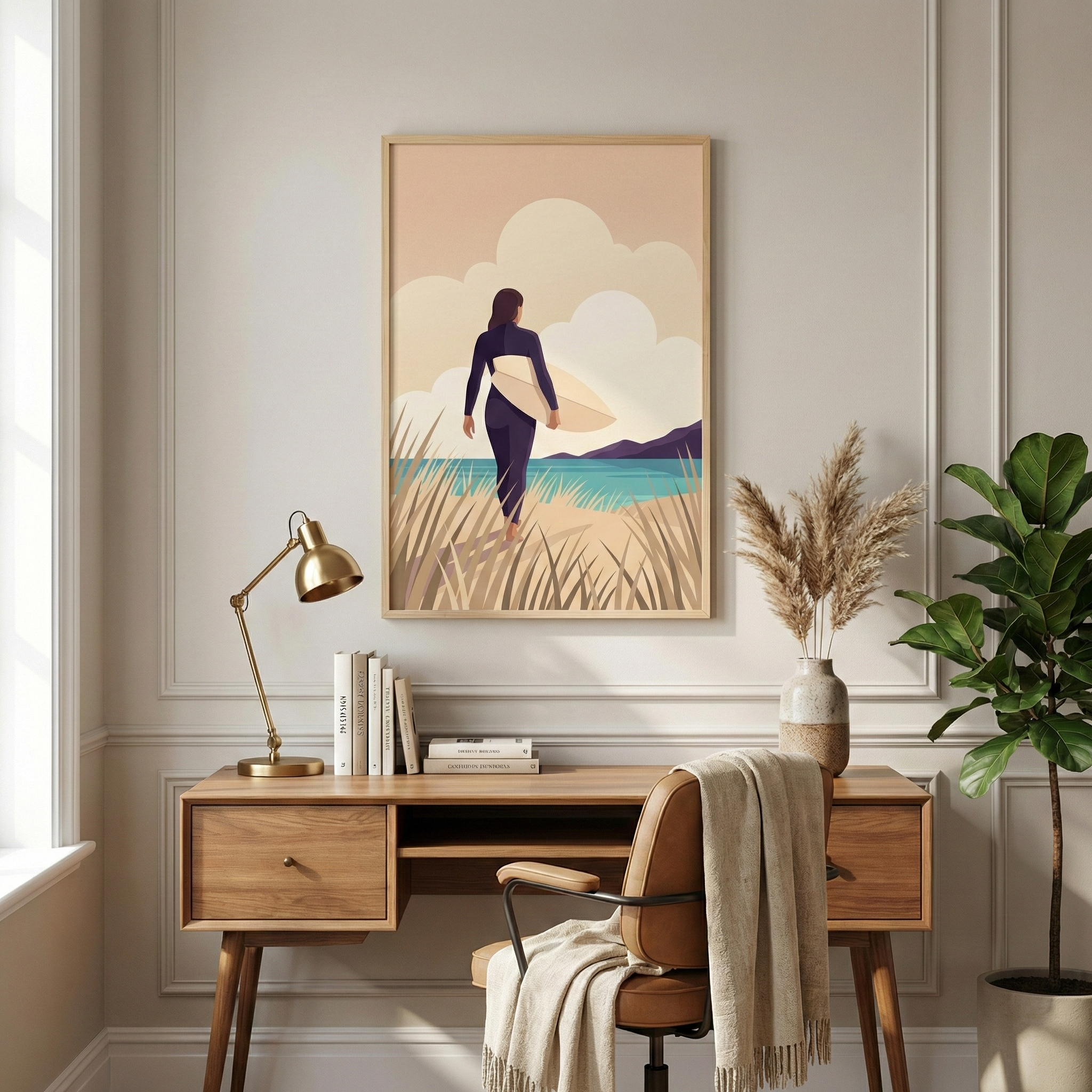A serene home office scene featuring a light-toned wooden desk and a large framed graphic art piece on the wall. The art shows a figure in a dark wetsuit carrying a surfboard through tall grass toward a turquoise sea under a peach-colored sky. On the desk are a gold-finished lamp and several books. A brown leather chair with a cream-colored throw blanket sits at the desk. To the right, a vase with dried grass and a large green potted plant add a natural touch to the room.