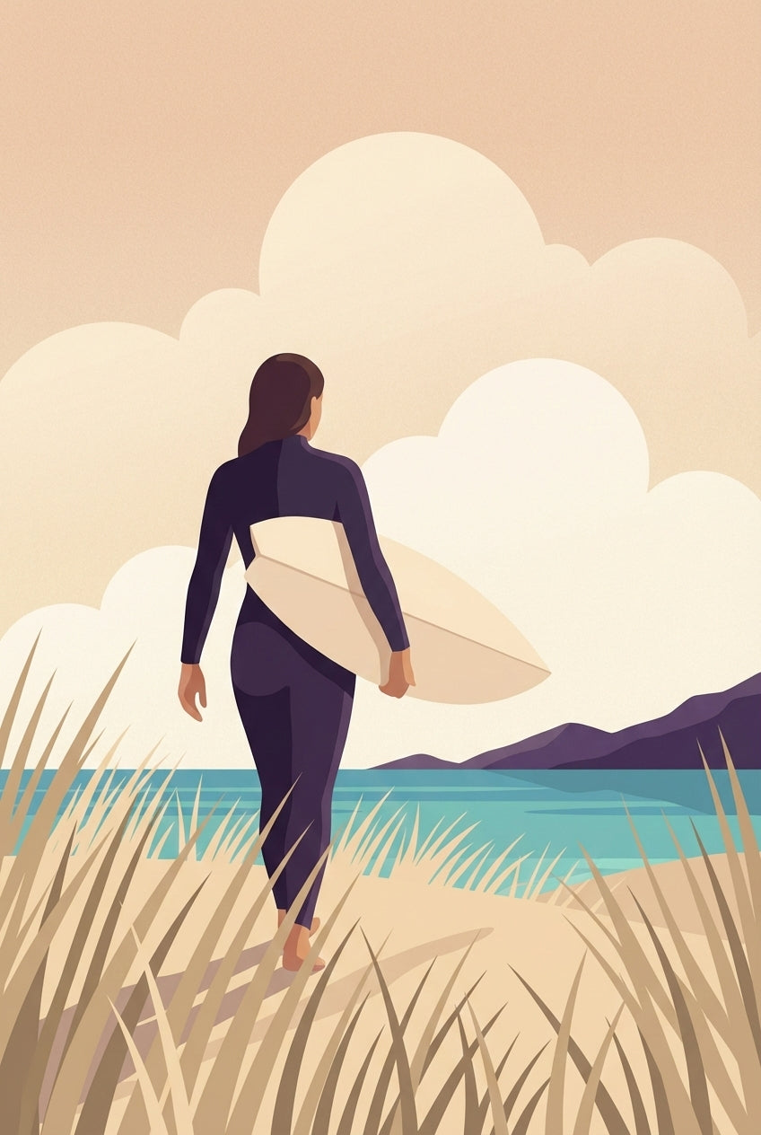 Minimalist illustration of a woman in a wetsuit carrying a surfboard as she walks barefoot through grassy sand dunes toward the ocean under soft pastel skies.