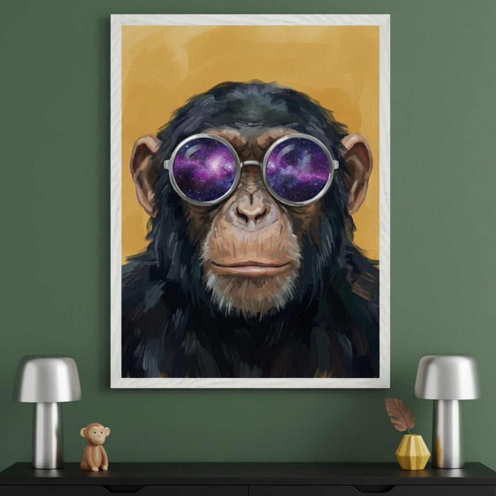 Cosmic Chimp - Chimpanzee Framed Wall Art for Nursery, Playroom or Kids Bedrooms