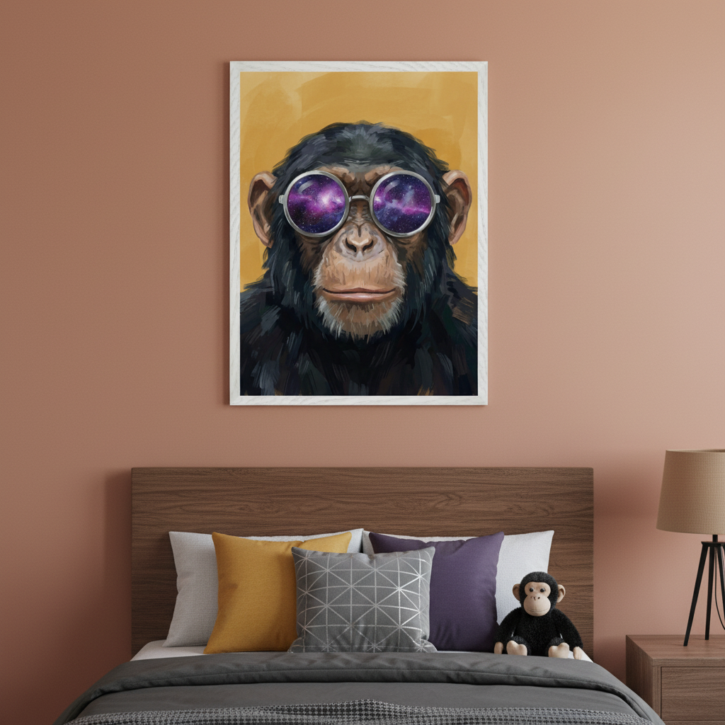 Modern bedroom with a bed and wooden headboard. A framed painterly portrait of a chimpanzee wearing round galaxy sunglasses hangs centered above the bed. A nightstand with a lamp is on the right.