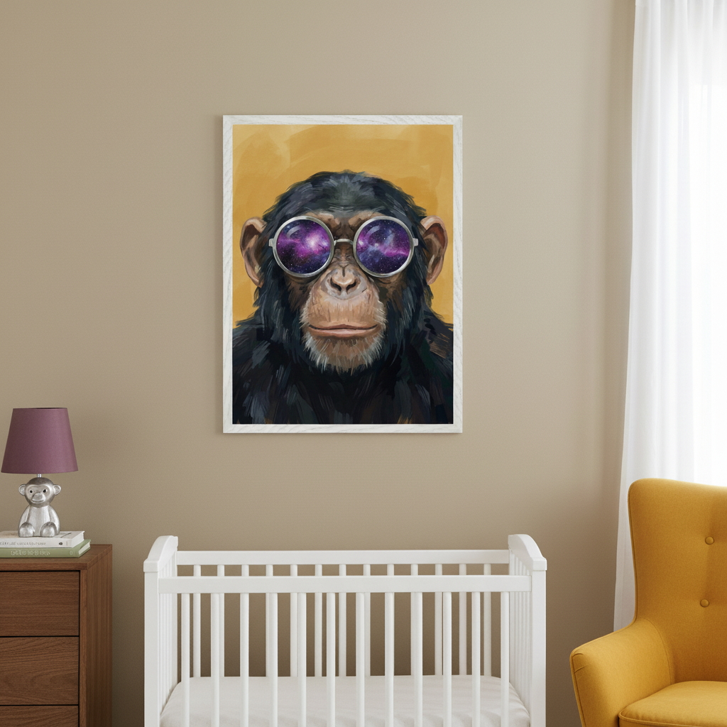 Modern nursery with a white crib, wooden dresser, and yellow armchair. A large framed painting of a chimpanzee wearing round galaxy sunglasses hangs on the tan wall above the crib.