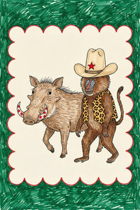 Illustration of a cheerful warthog with red star-decorated tusks standing beside a baboon wearing a leopard-print vest and cowboy hat with a red star. The whimsical pair is framed by a scalloped cream border with a bold green and red background.